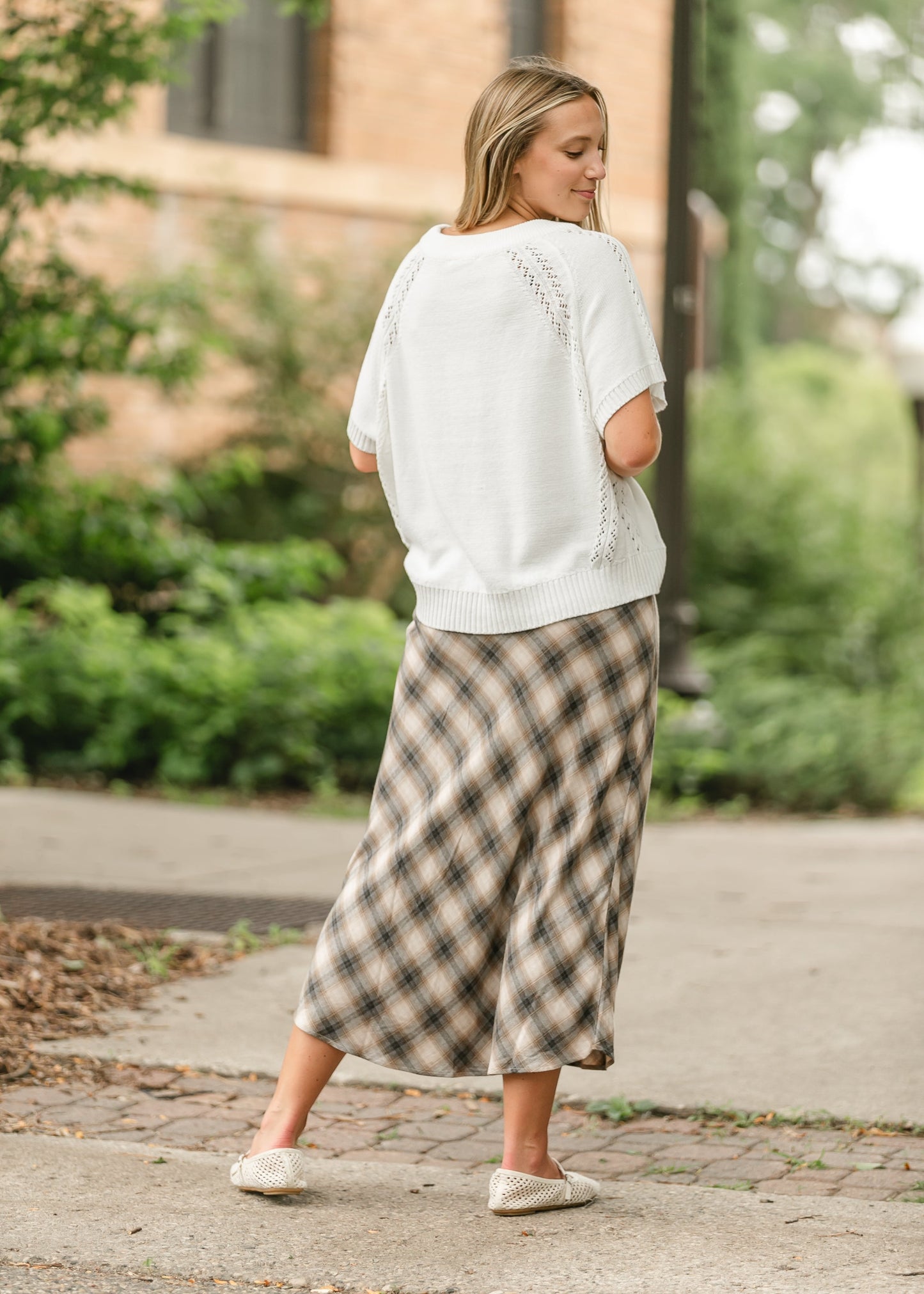 Plaid Print Flowy Midi Skirt