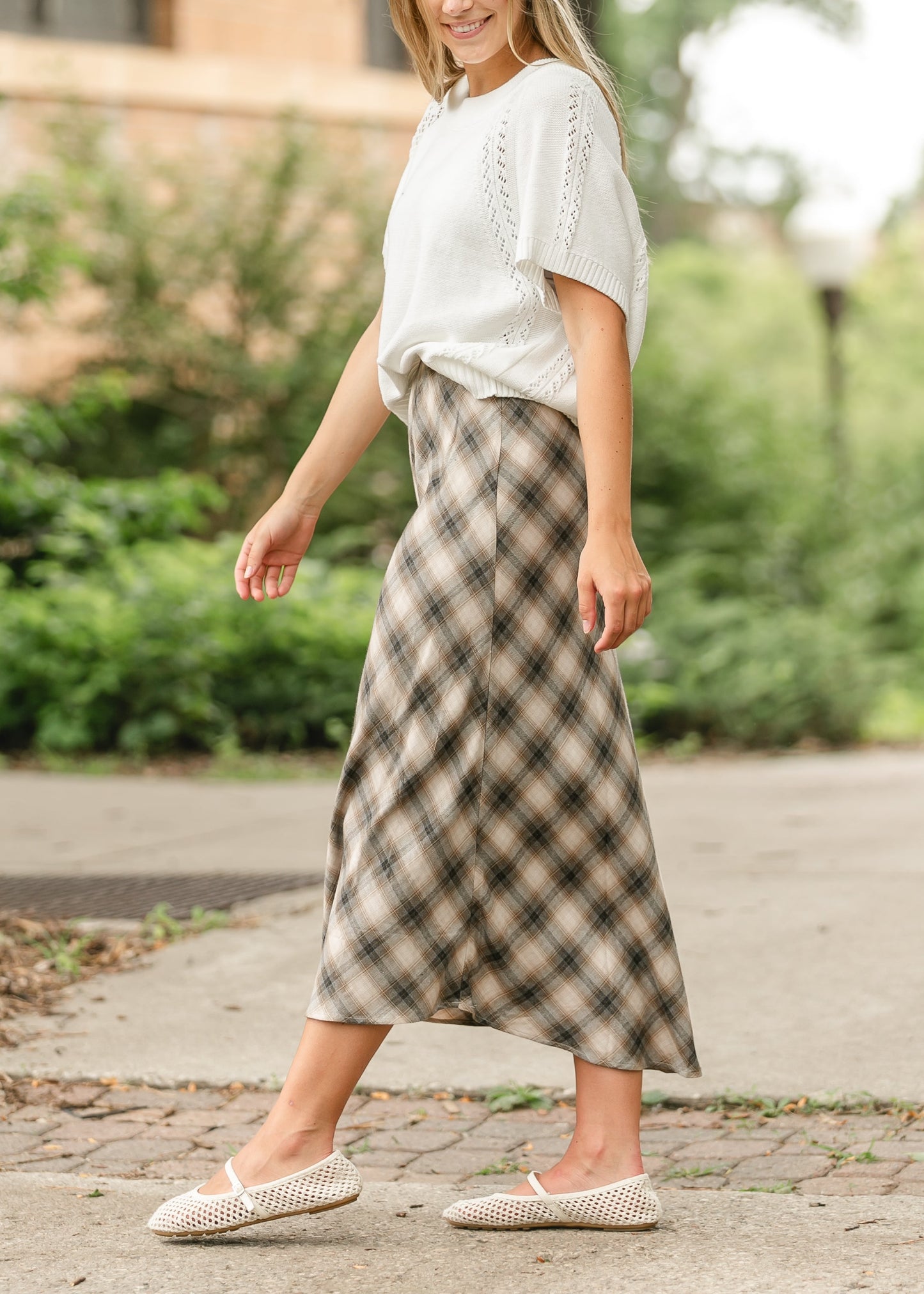 Plaid Print Flowy Midi Skirt