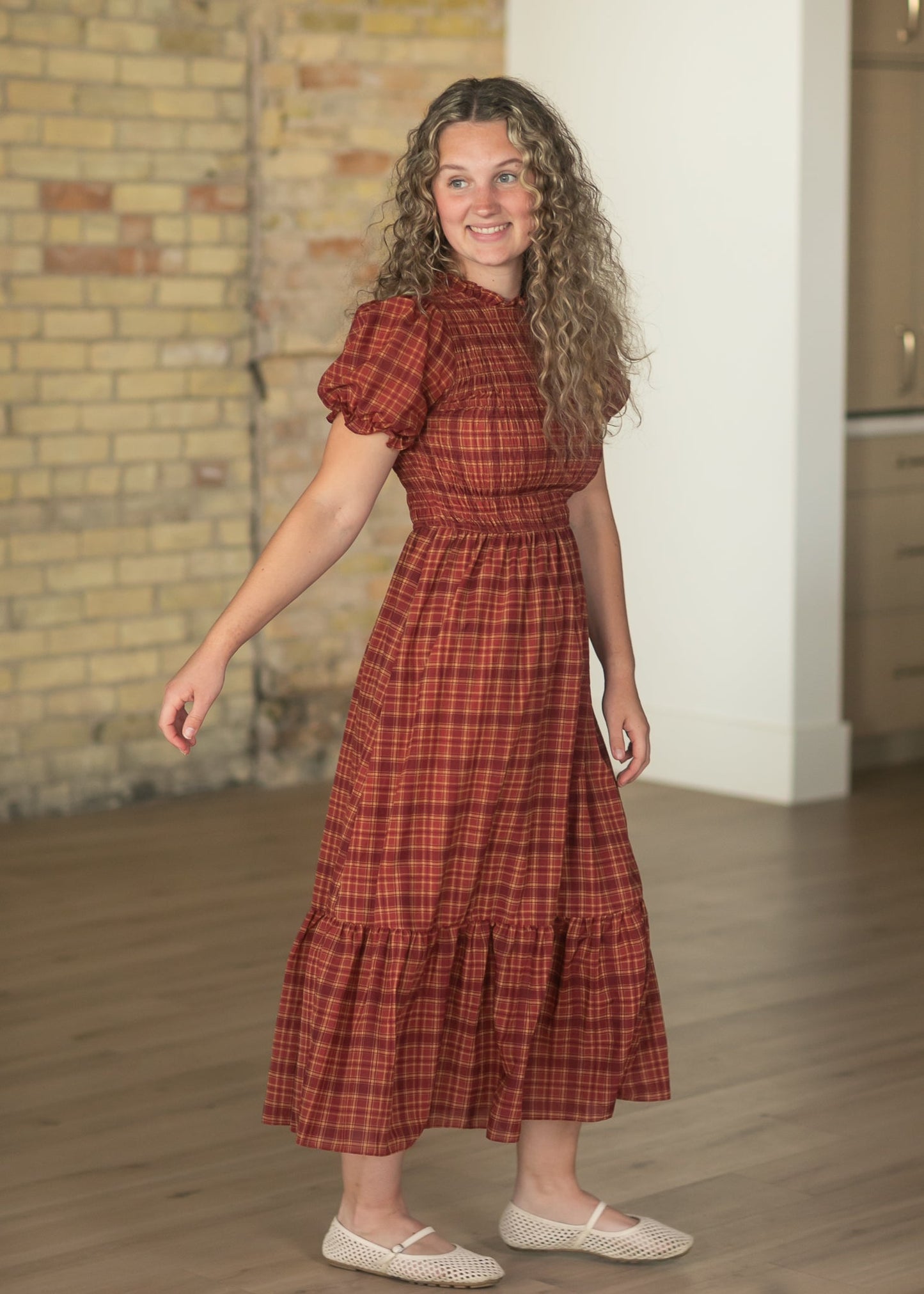 Plaid Short Puff Sleeve Midi Dress - FINAL SALE