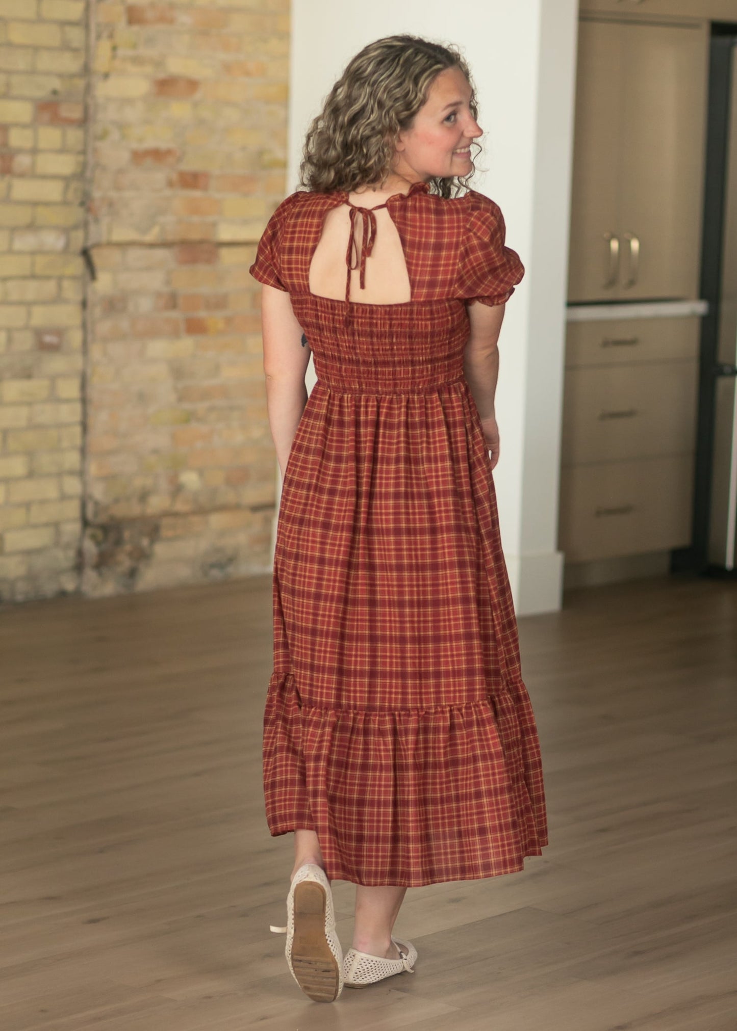 Plaid Short Puff Sleeve Midi Dress - FINAL SALE