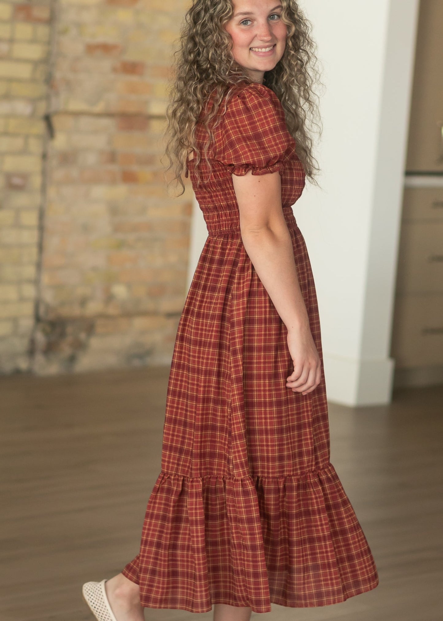 Plaid Short Puff Sleeve Midi Dress - FINAL SALE
