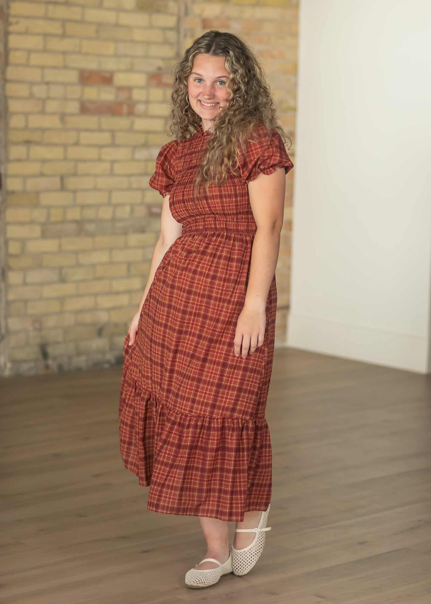 Plaid Short Puff Sleeve Midi Dress - FINAL SALE