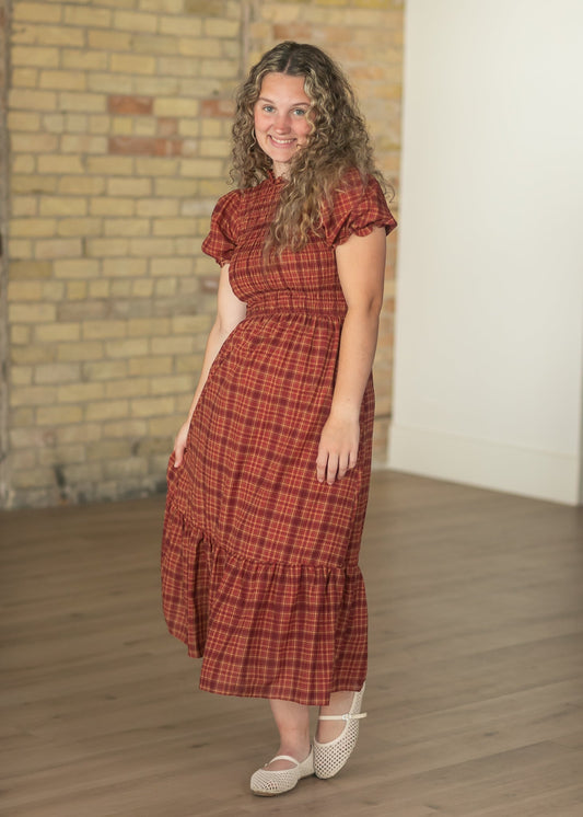 Plaid Short Puff Sleeve Midi Dress - FINAL SALE