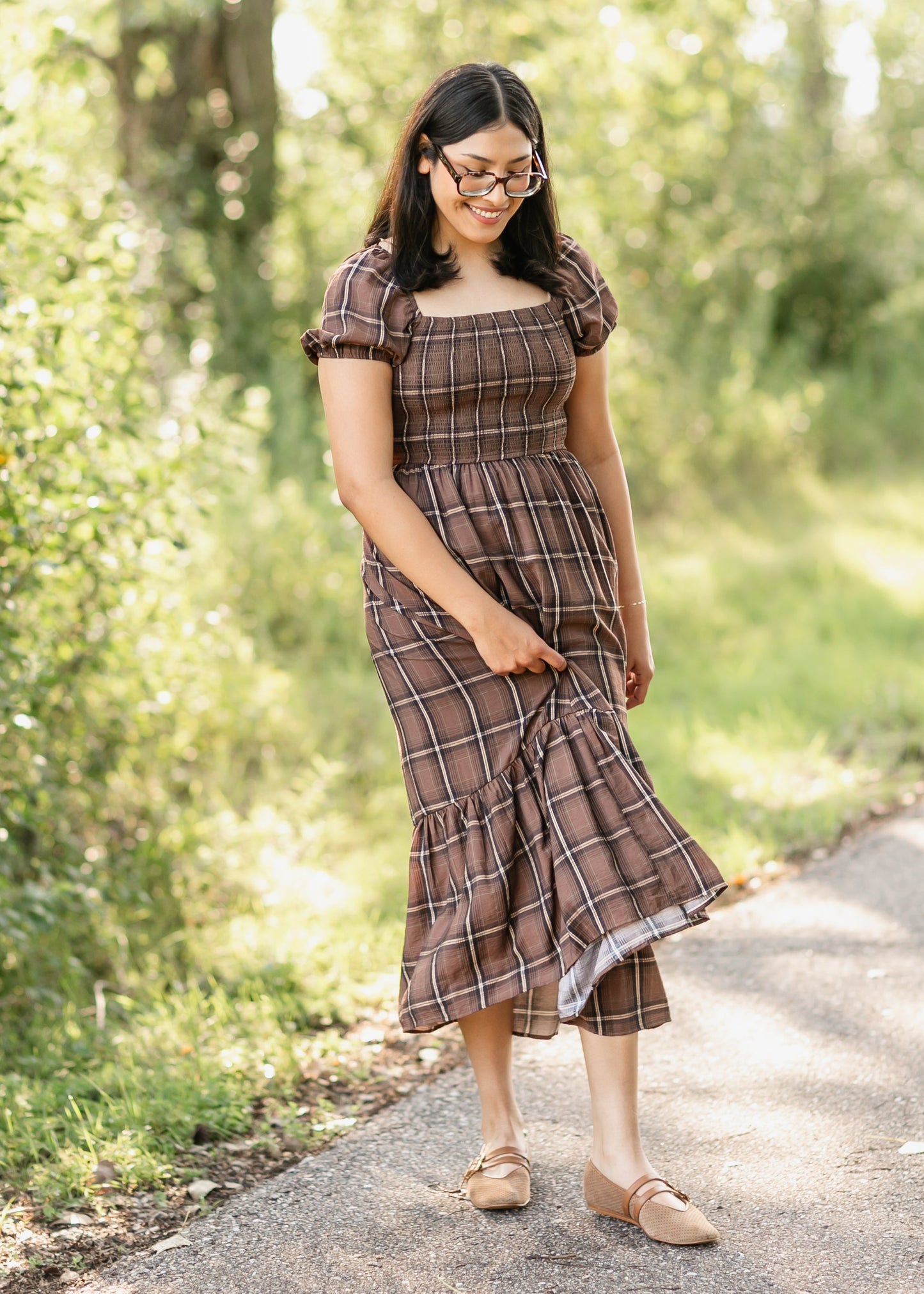 Plaid Smocked Cap Sleeve Midi Dress