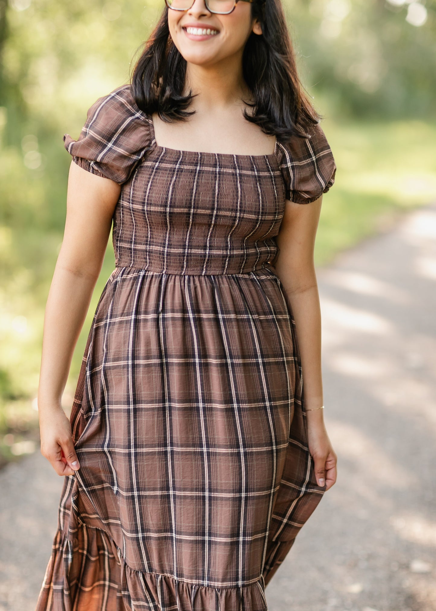 Plaid Smocked Cap Sleeve Midi Dress