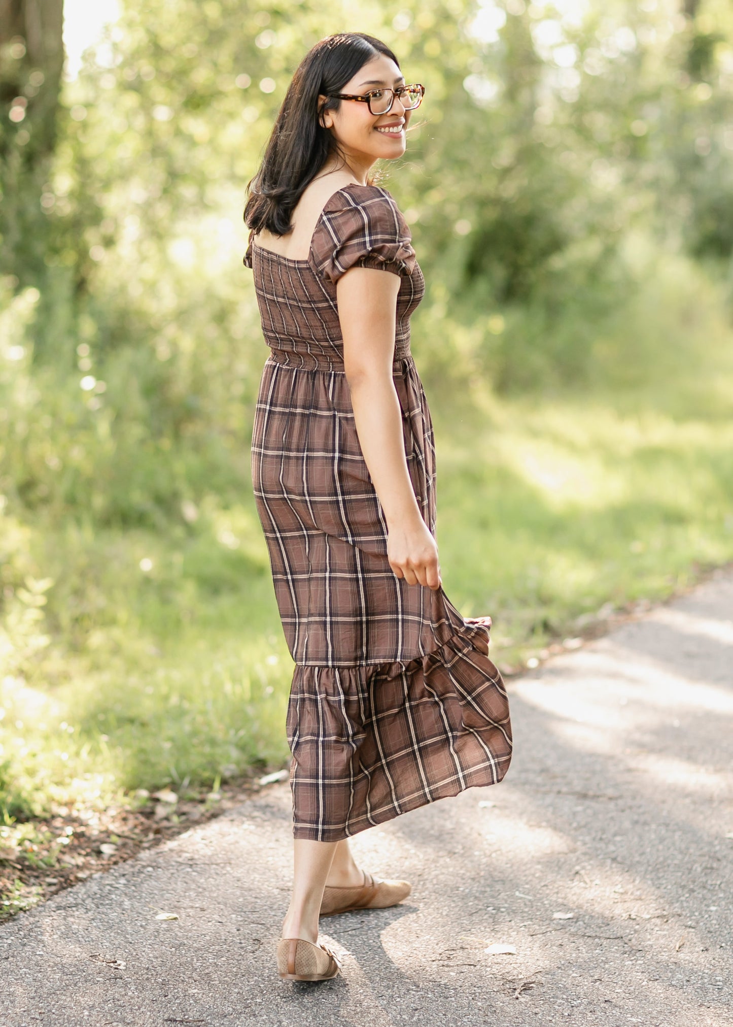 Plaid Smocked Cap Sleeve Midi Dress