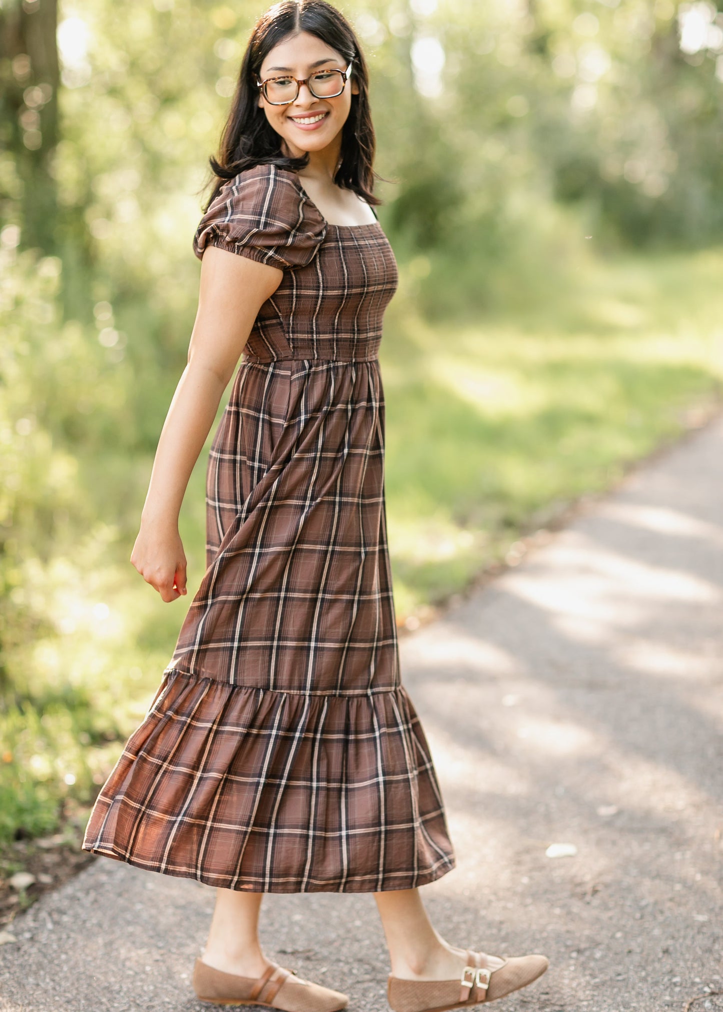 Plaid Smocked Cap Sleeve Midi Dress