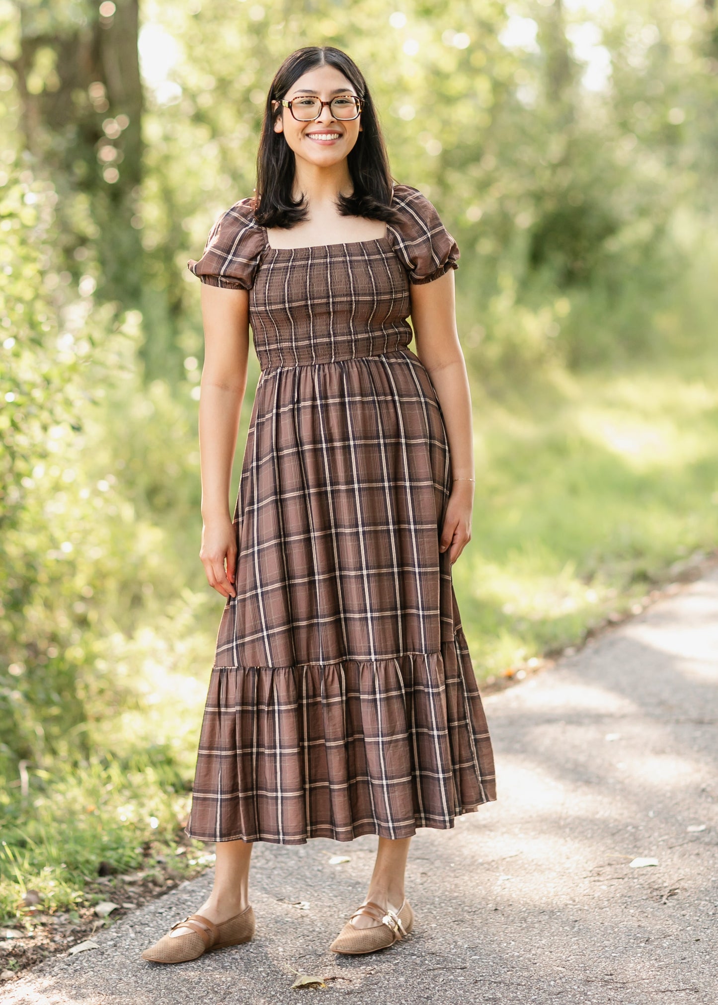Plaid Smocked Cap Sleeve Midi Dress