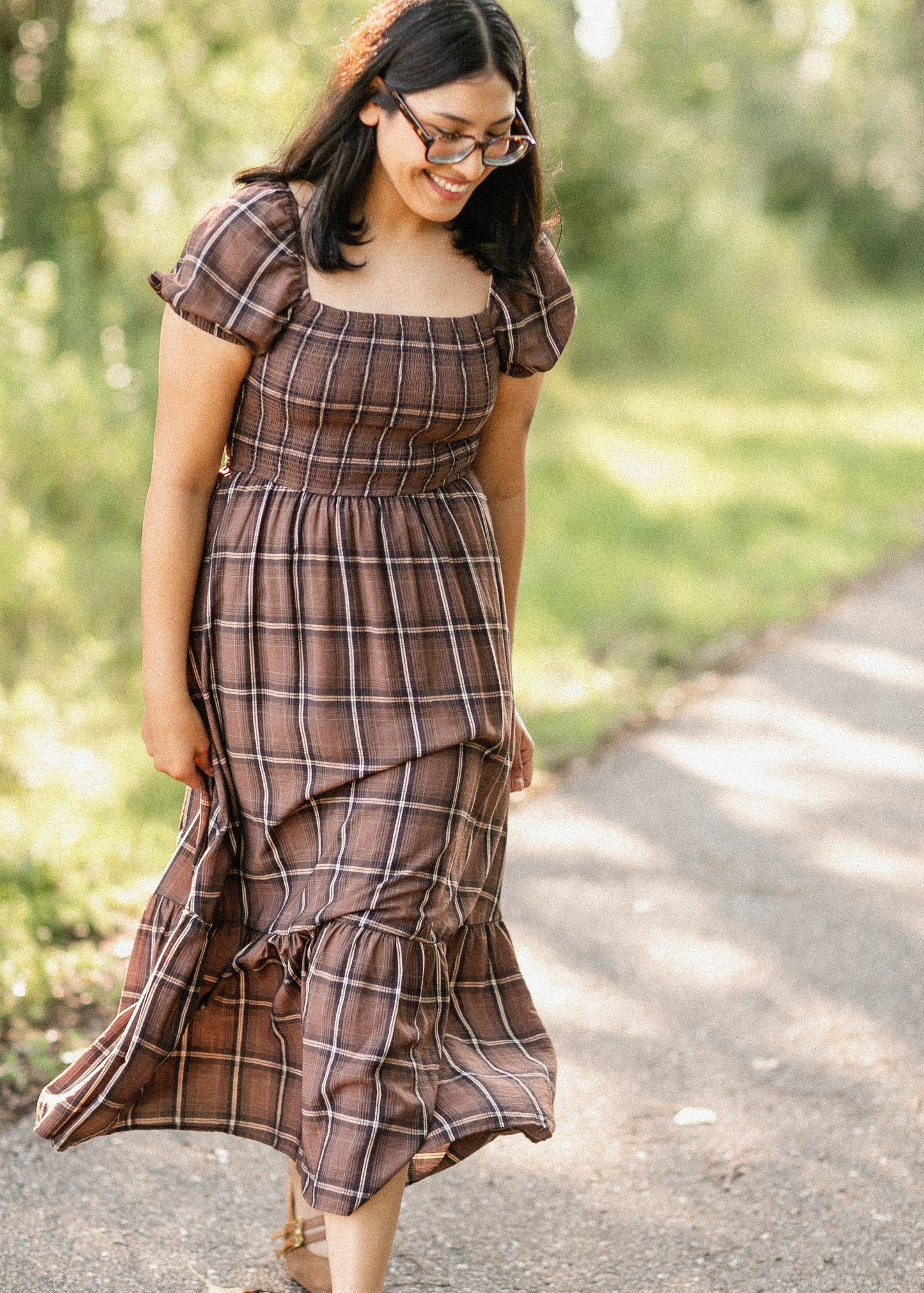 Plaid Smocked Cap Sleeve Midi Dress
