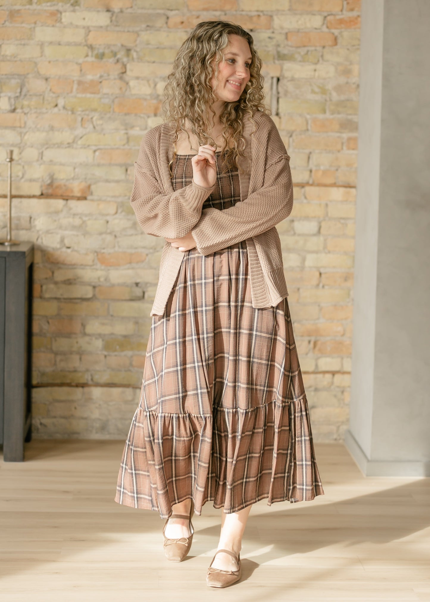 Plaid Smocked Cap Sleeve Midi Dress