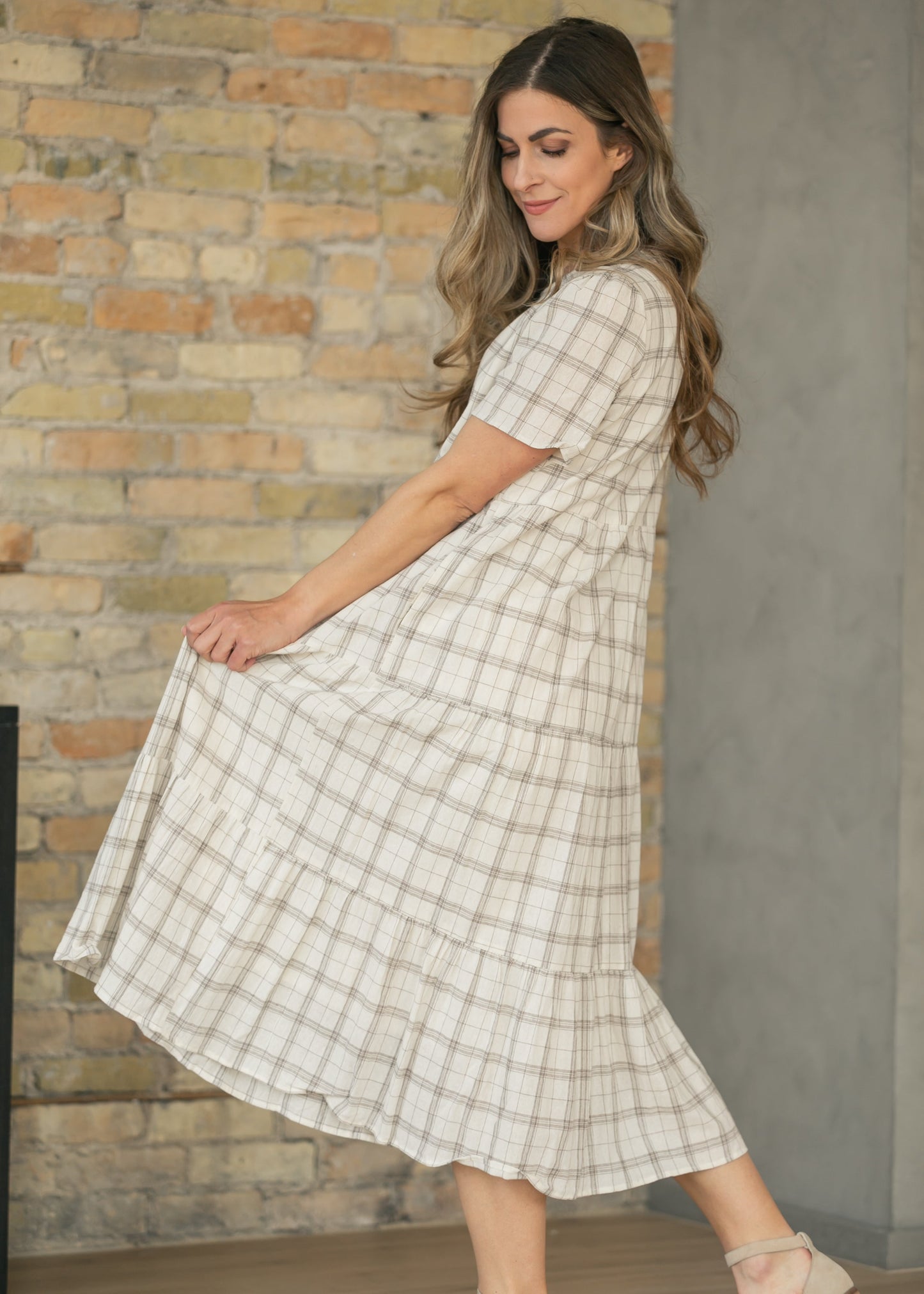 Plaid Tiered Short Sleeve Midi Dress