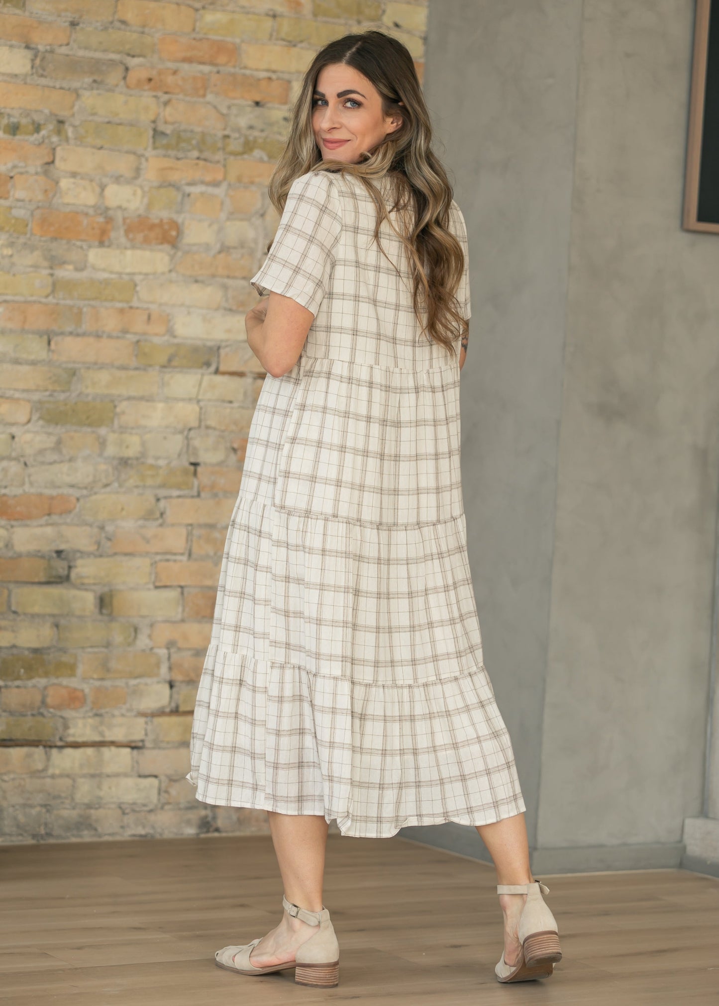 Plaid Tiered Short Sleeve Midi Dress