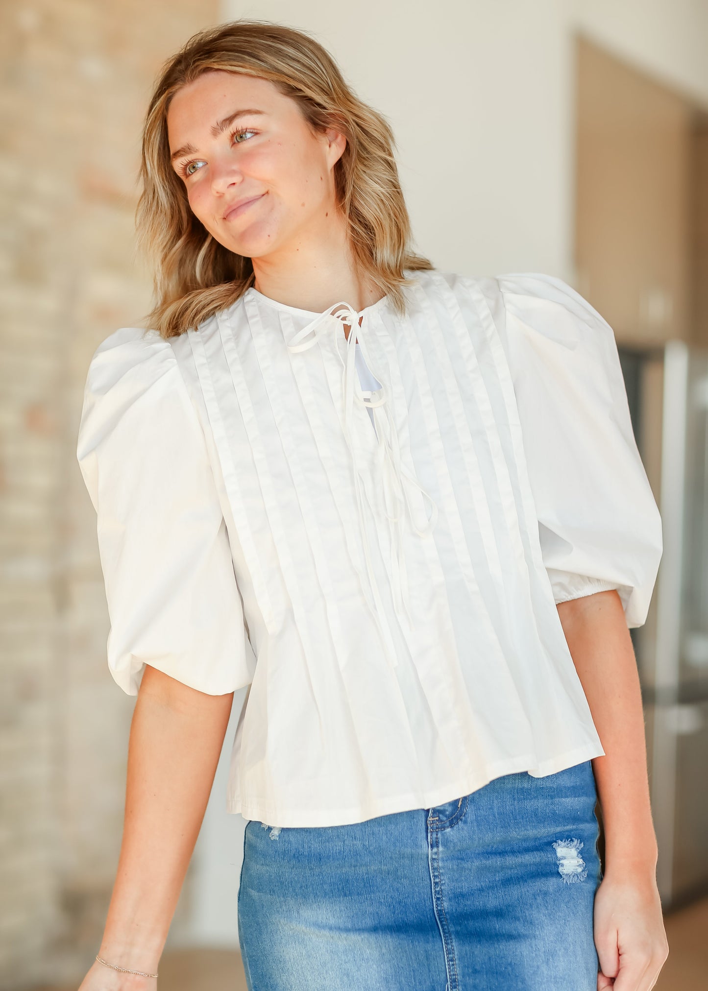 Pleated Cotton 3/4 Sleeve Top - FINAL SALE