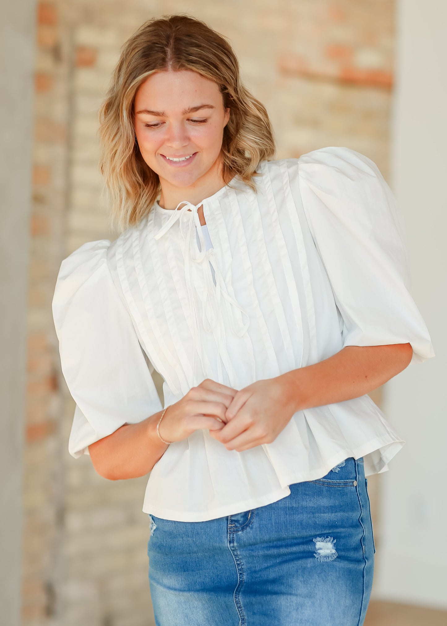 Pleated Cotton 3/4 Sleeve Top - FINAL SALE