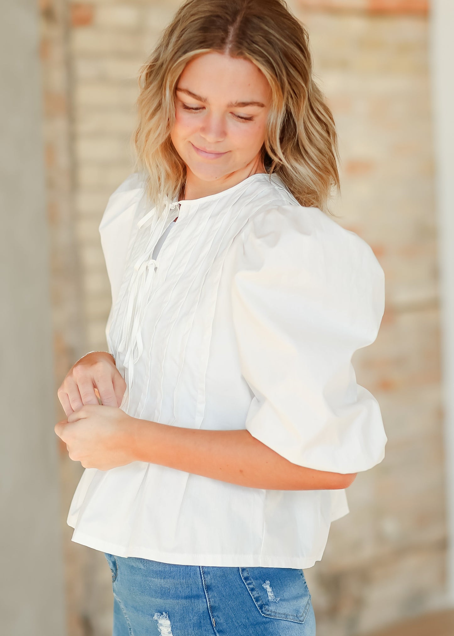 Pleated Cotton 3/4 Sleeve Top - FINAL SALE