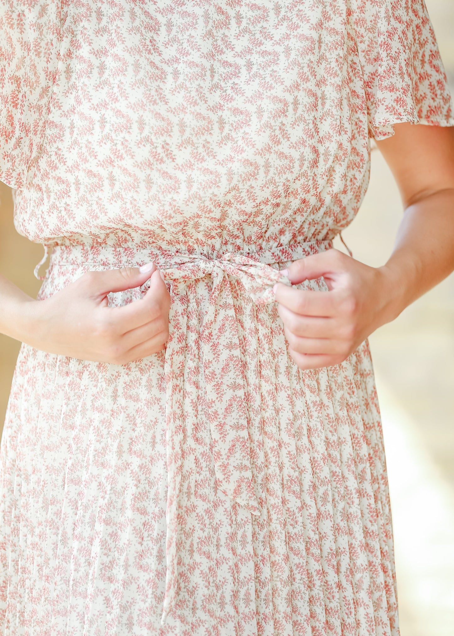 Pleated Floral Waist Tie Maxi Dress - FINAL SALE