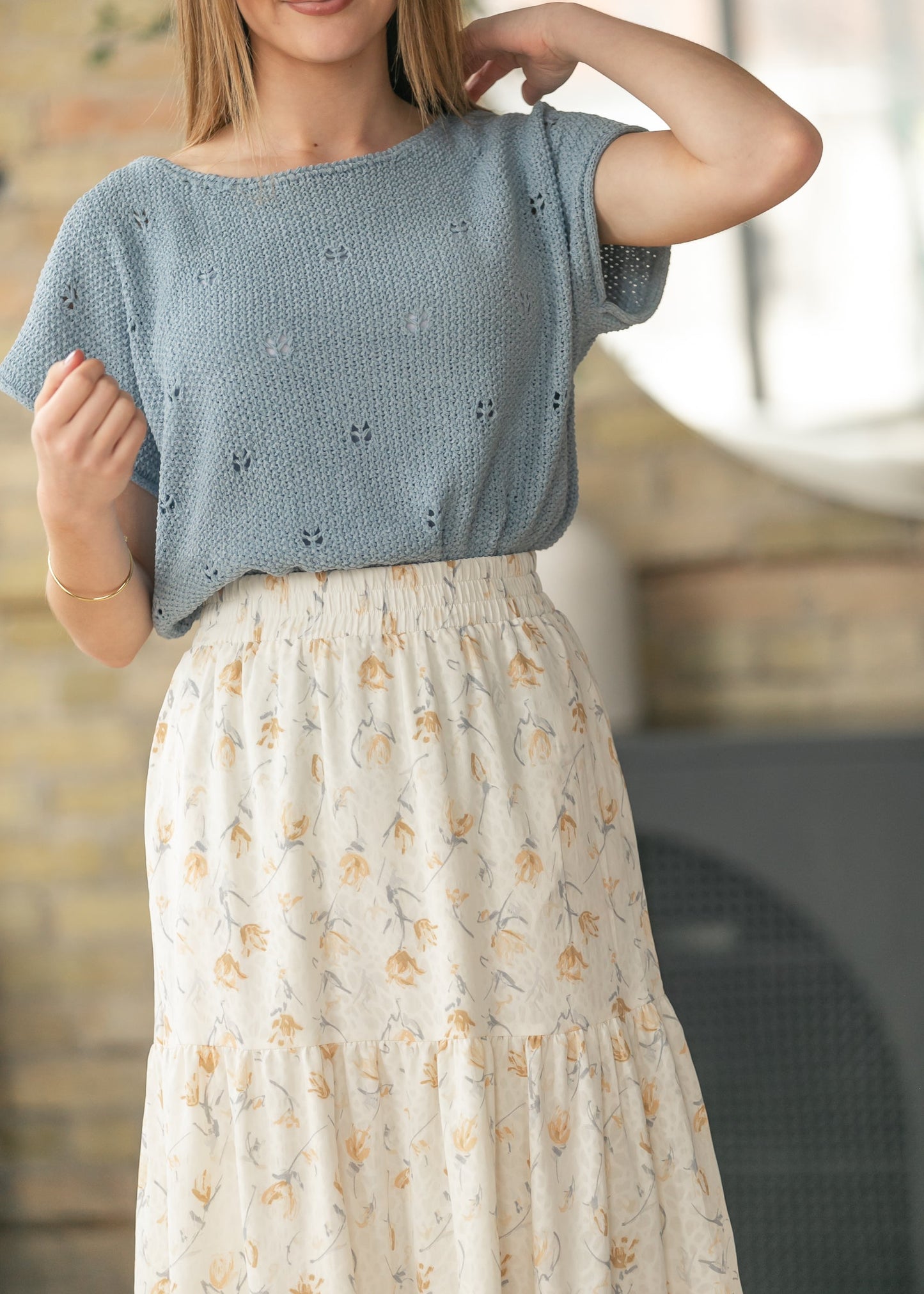 Pointelle Cutout Short Sleeve Sweater