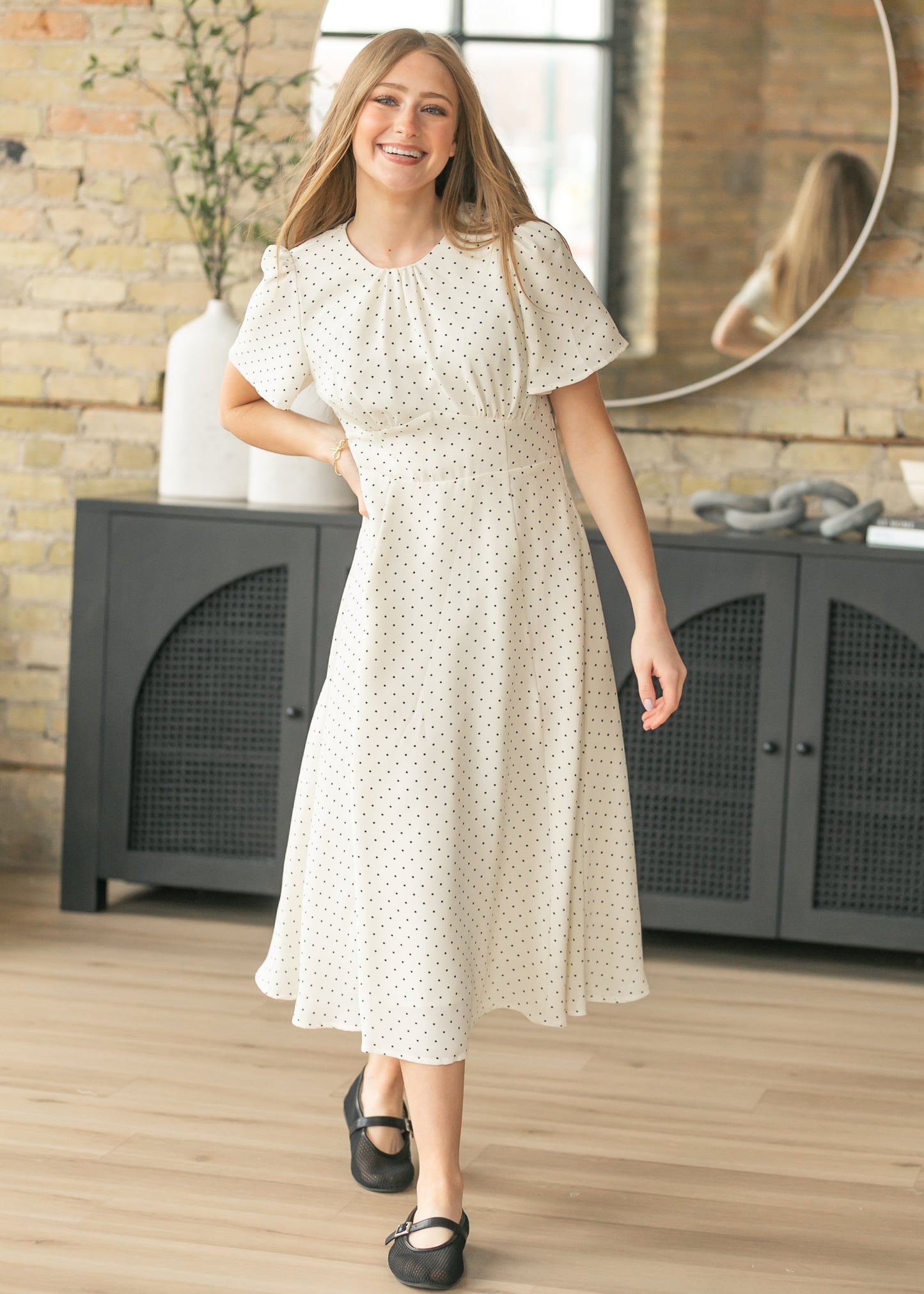 Polka Dot Flutter Sleeve Midi Dress
