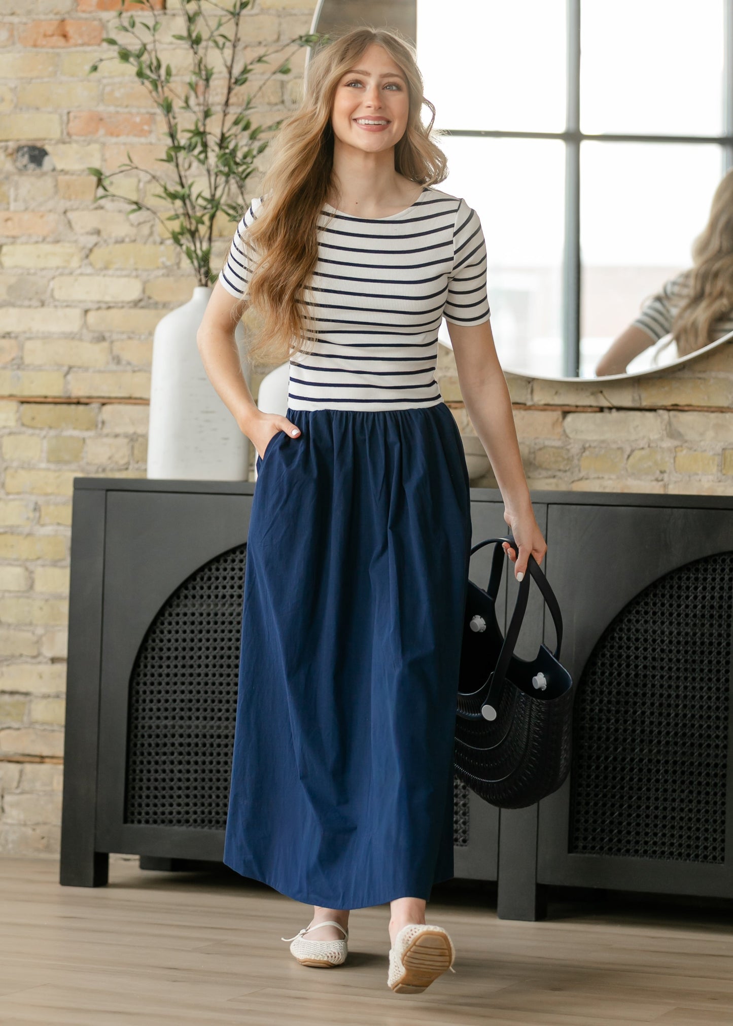 Poplin Knit Mix Short Sleeve Maxi Dress