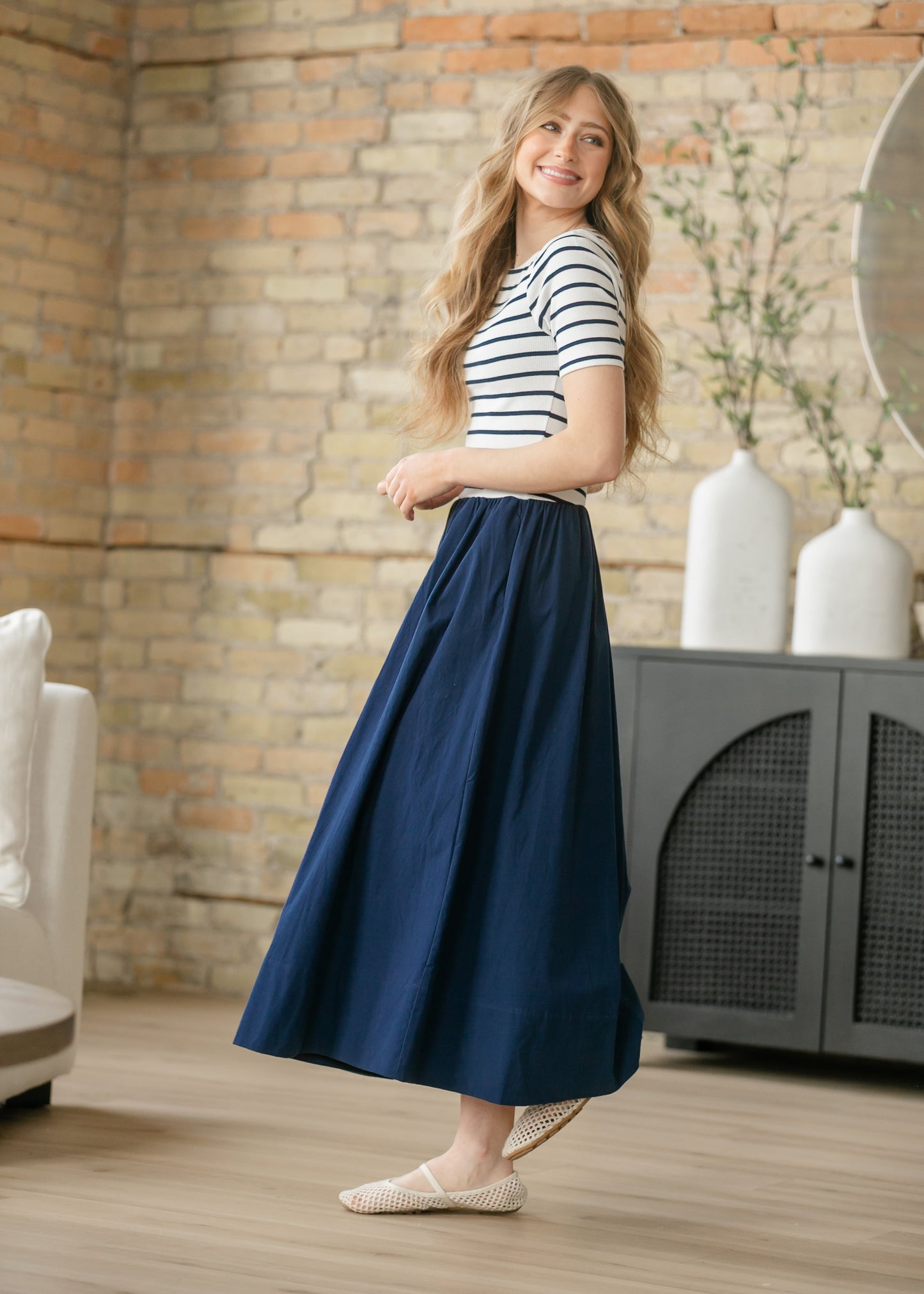 Poplin Knit Mix Short Sleeve Maxi Dress