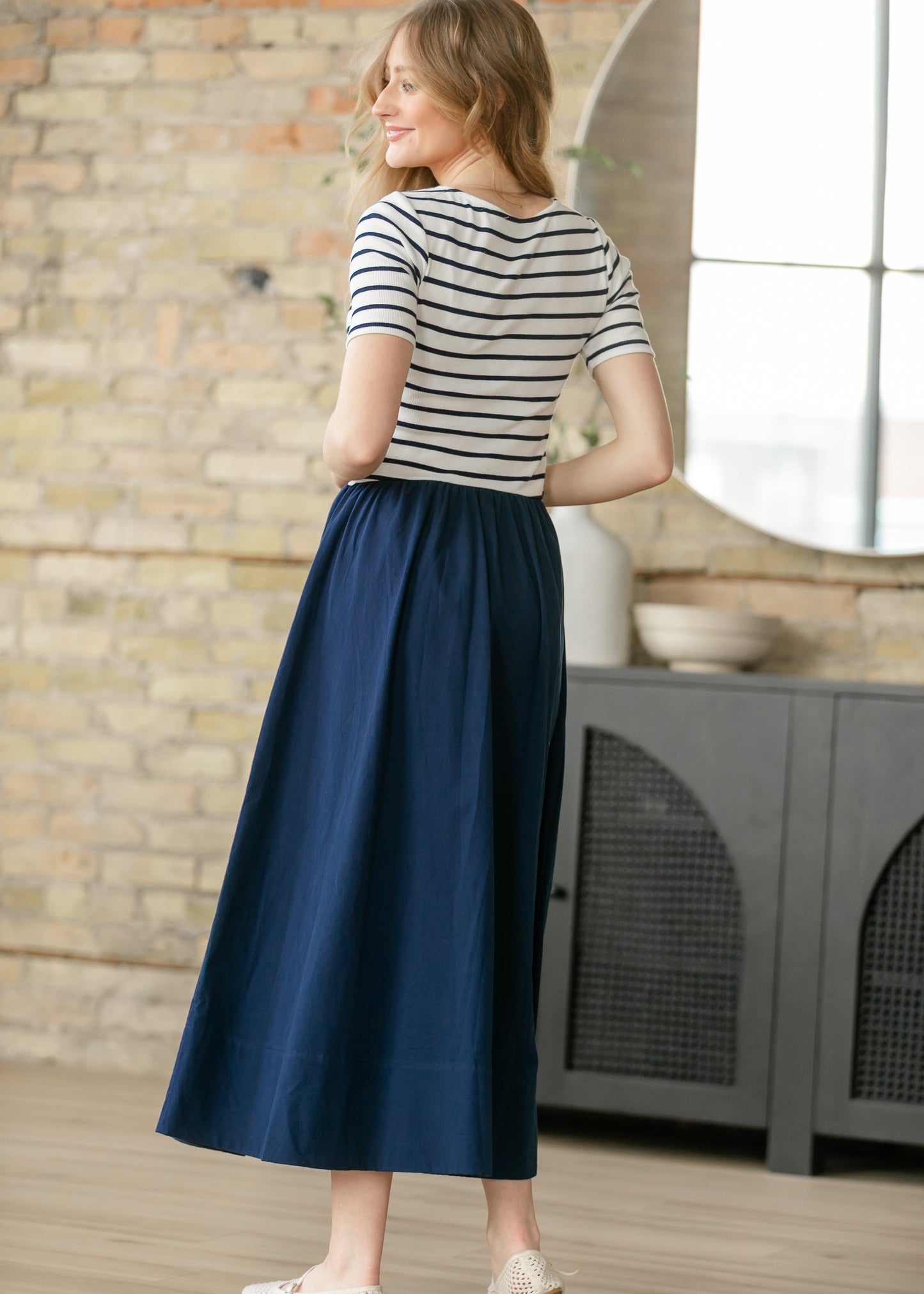 Poplin Knit Mix Short Sleeve Maxi Dress