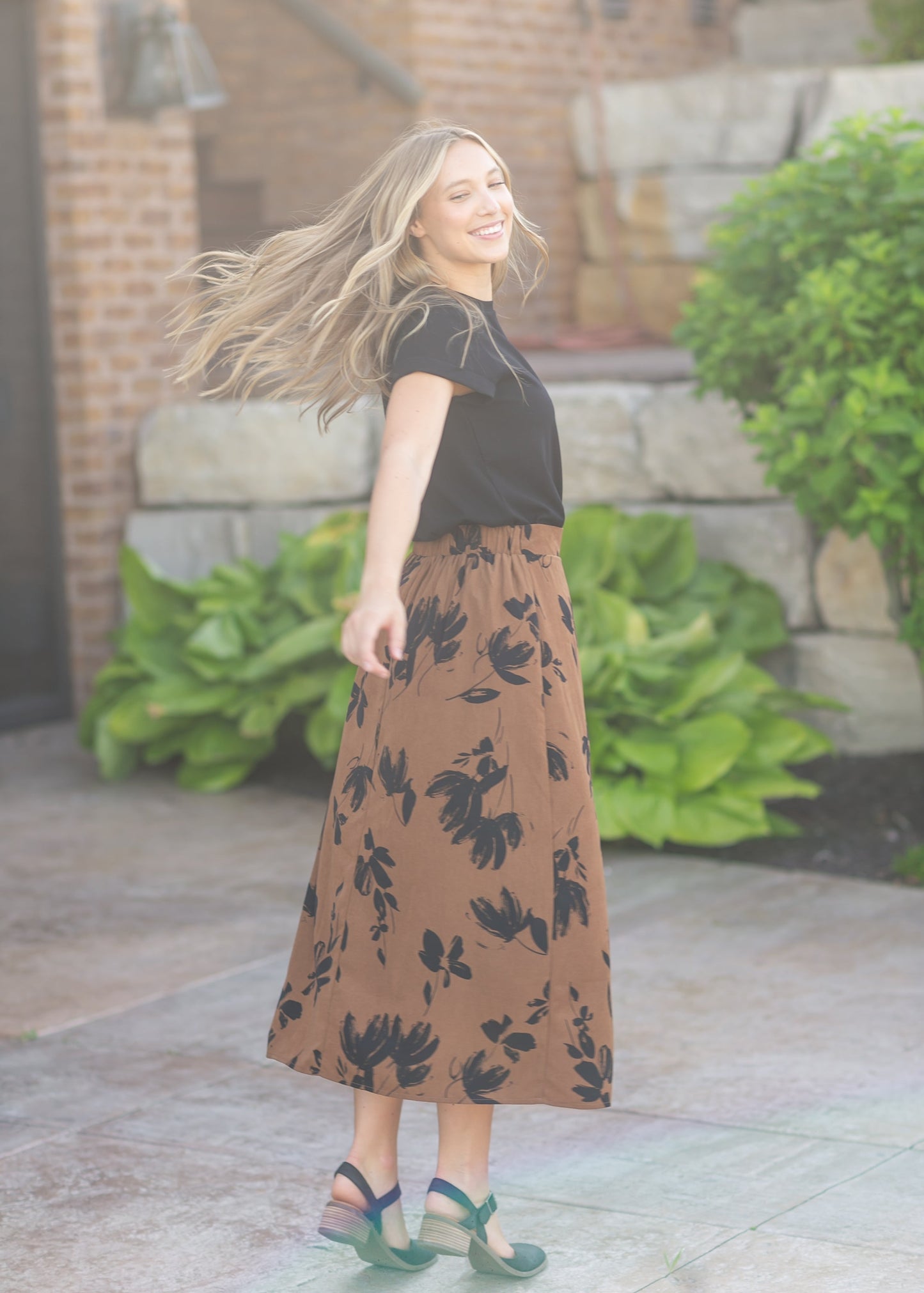 Braylyn Camel Floral Midi Skirt - FINAL SALE