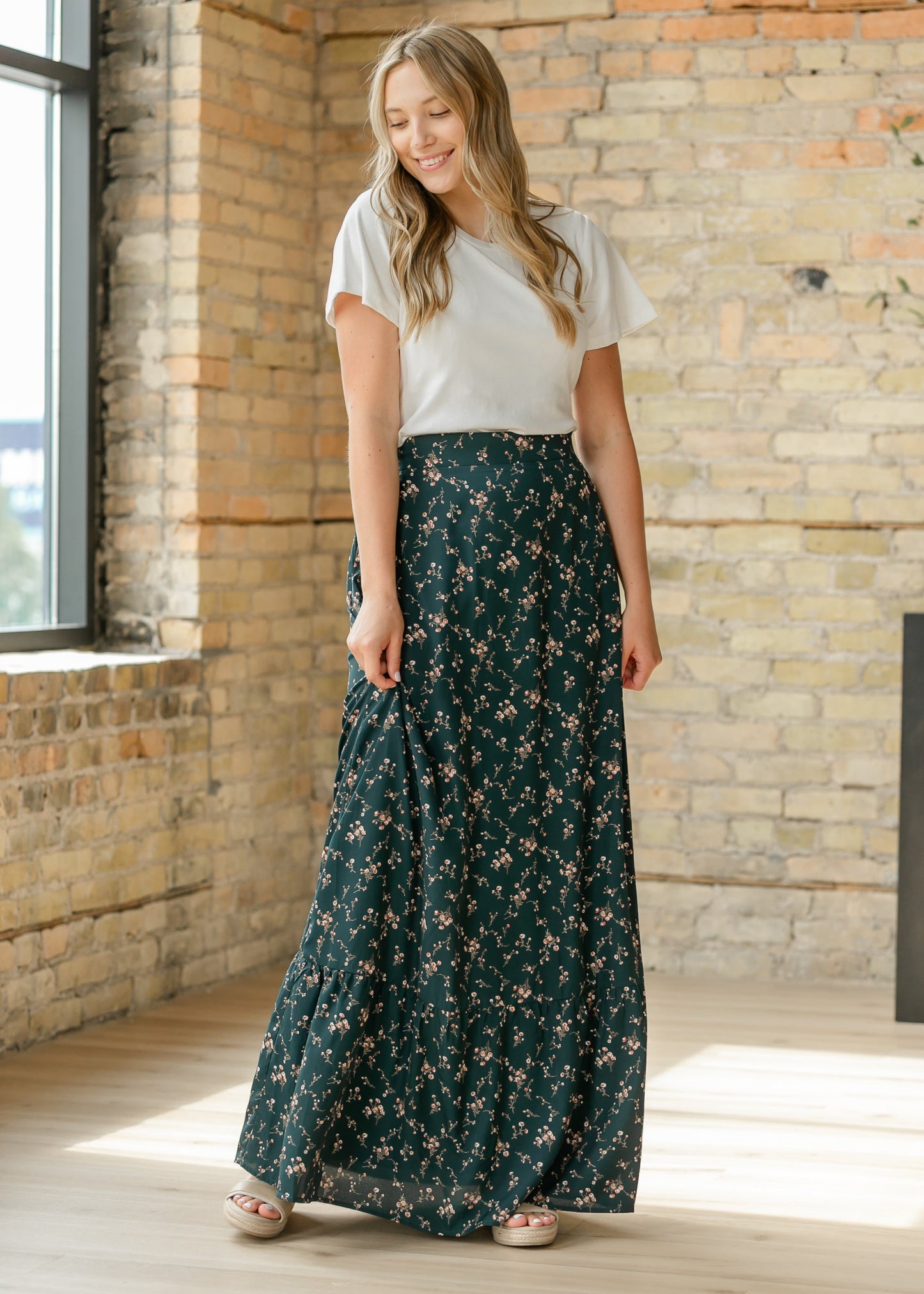 Havyn Teal Floral Lined Maxi Skirt