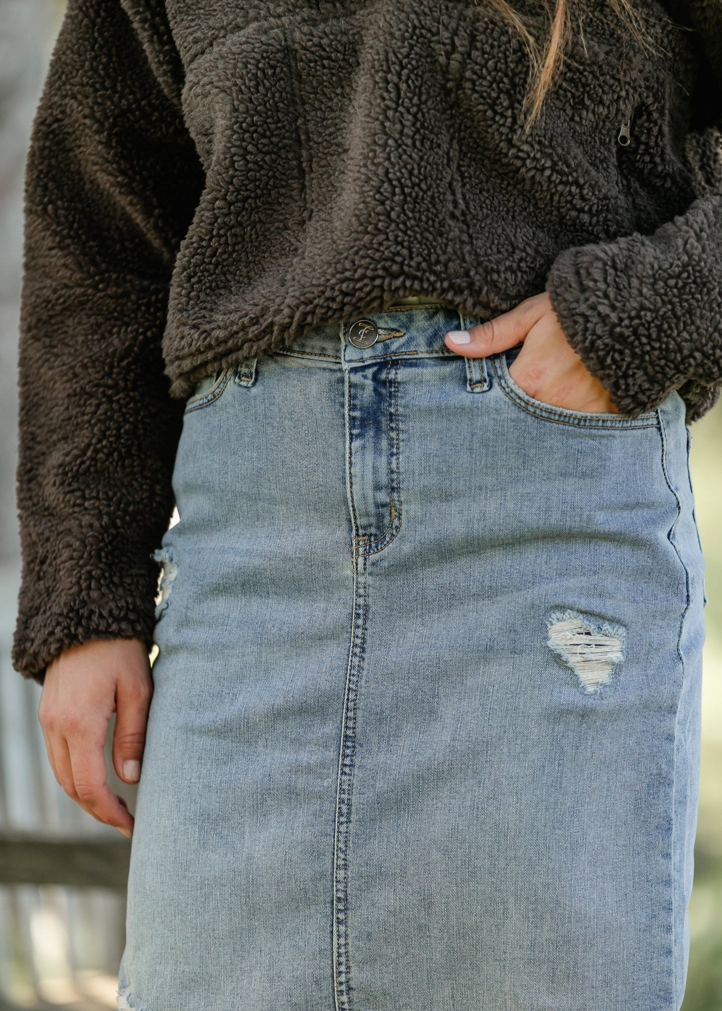 Presley Distressed Denim Midi Skirt
