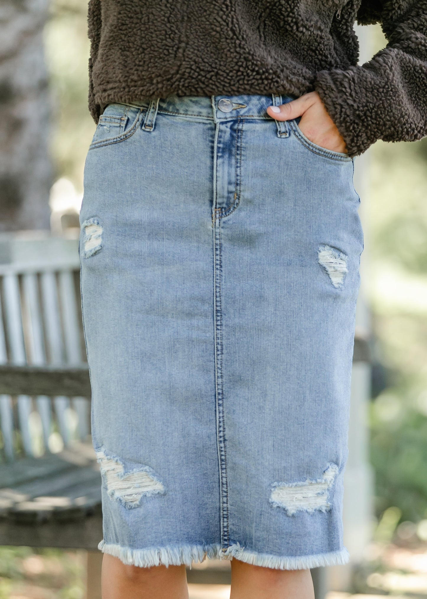 Presley Distressed Denim Midi Skirt
