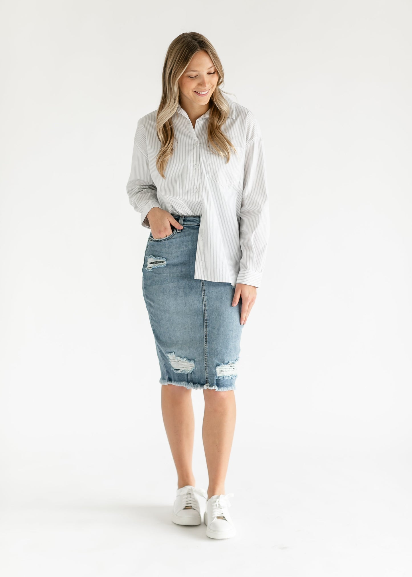 Presley Distressed Denim Midi Skirt - FINAL SALE