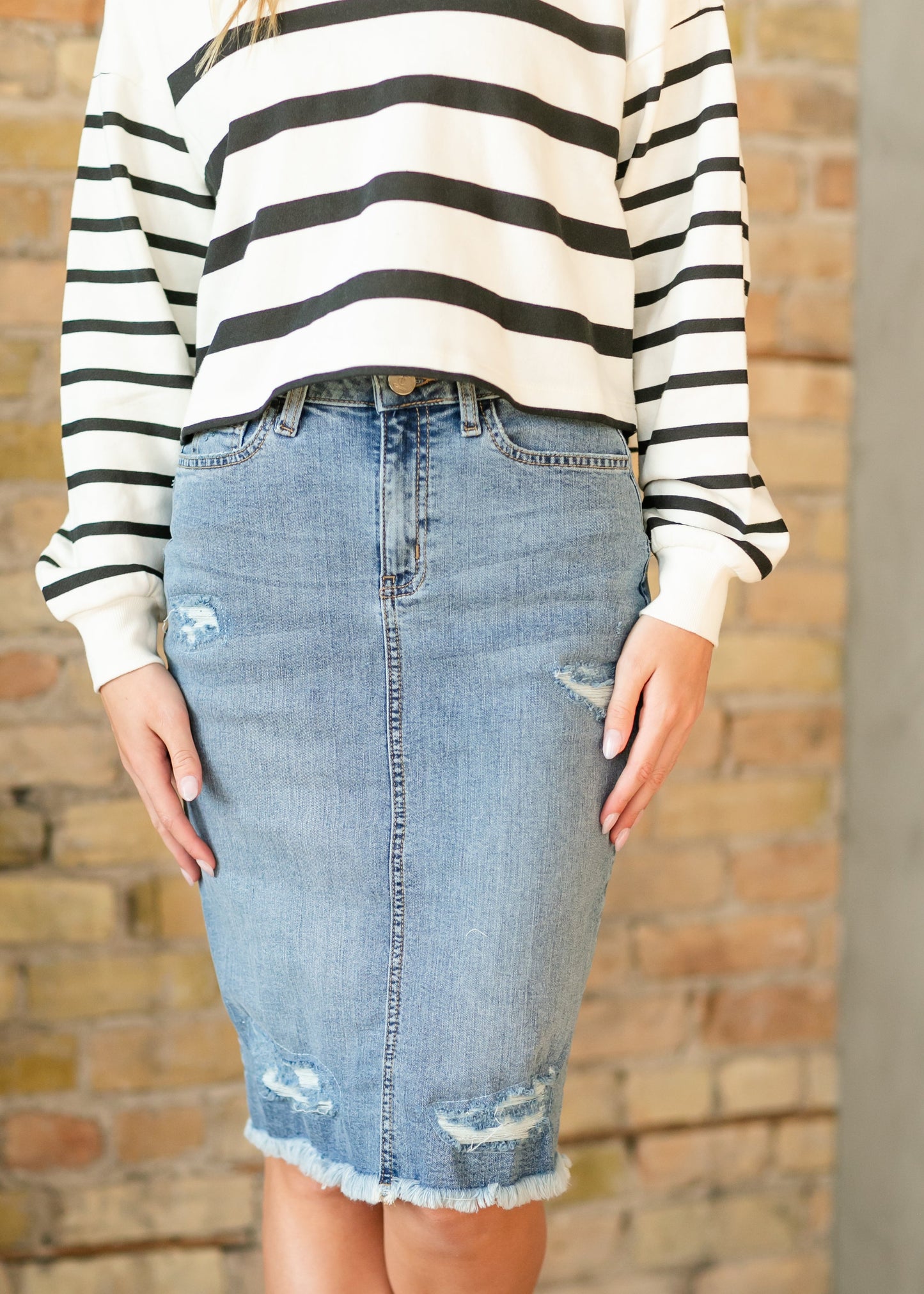 Presley Distressed Denim Midi Skirt - FINAL SALE
