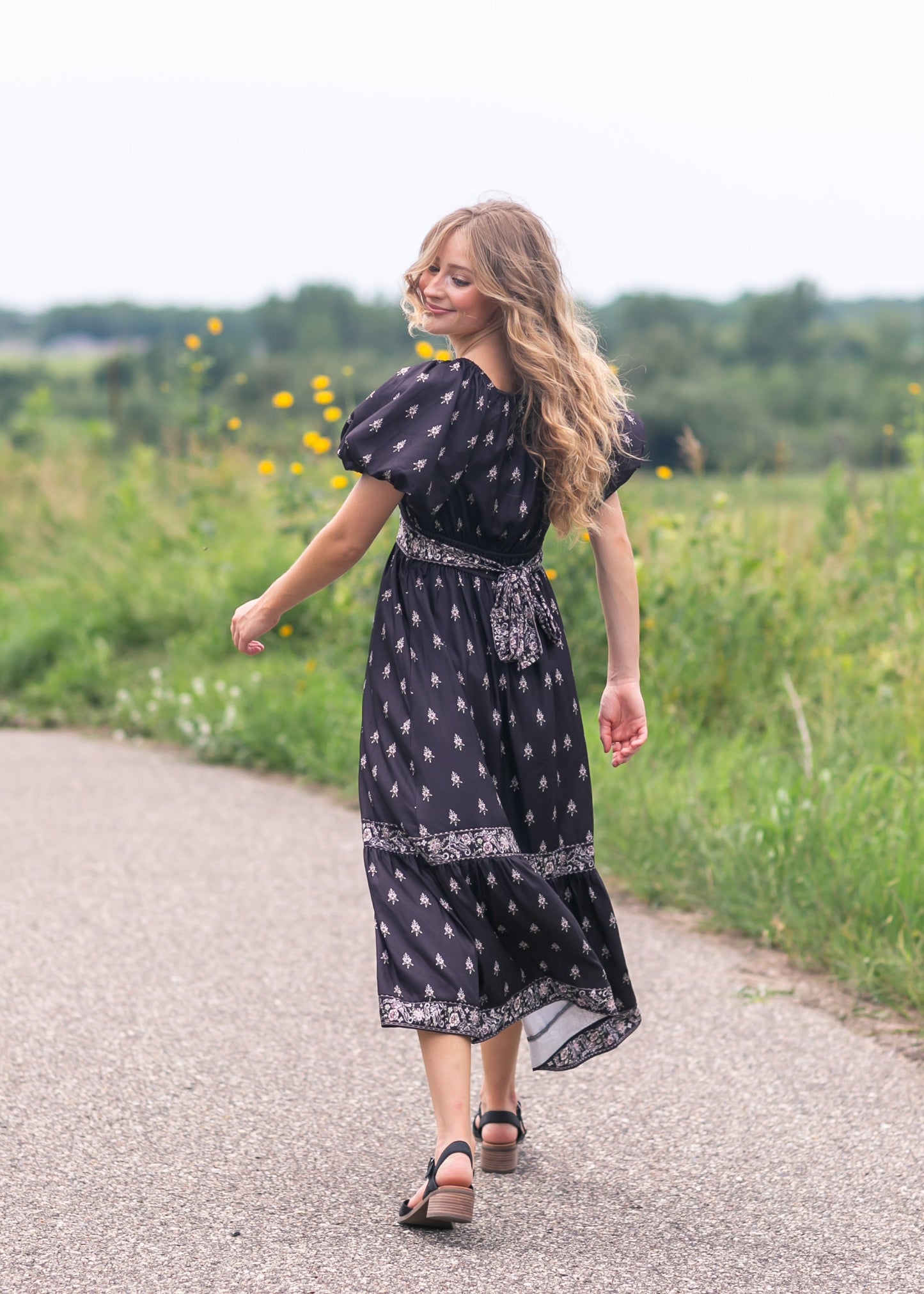 Printed Bubble Sleeve Midi Dress - FINAL SALE