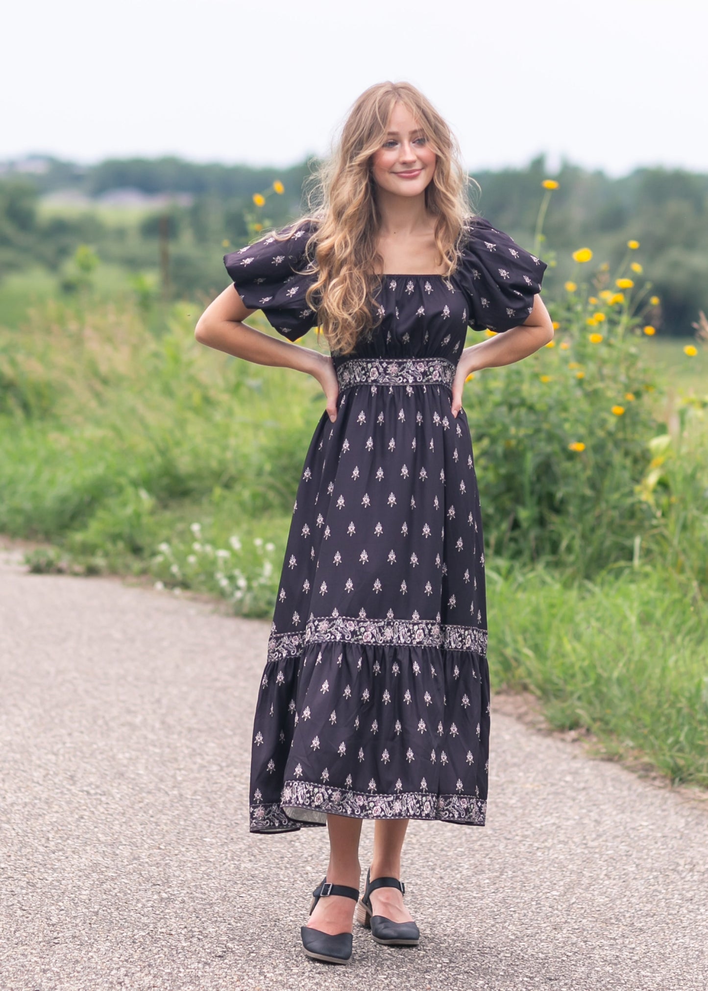 Printed Bubble Sleeve Midi Dress - FINAL SALE