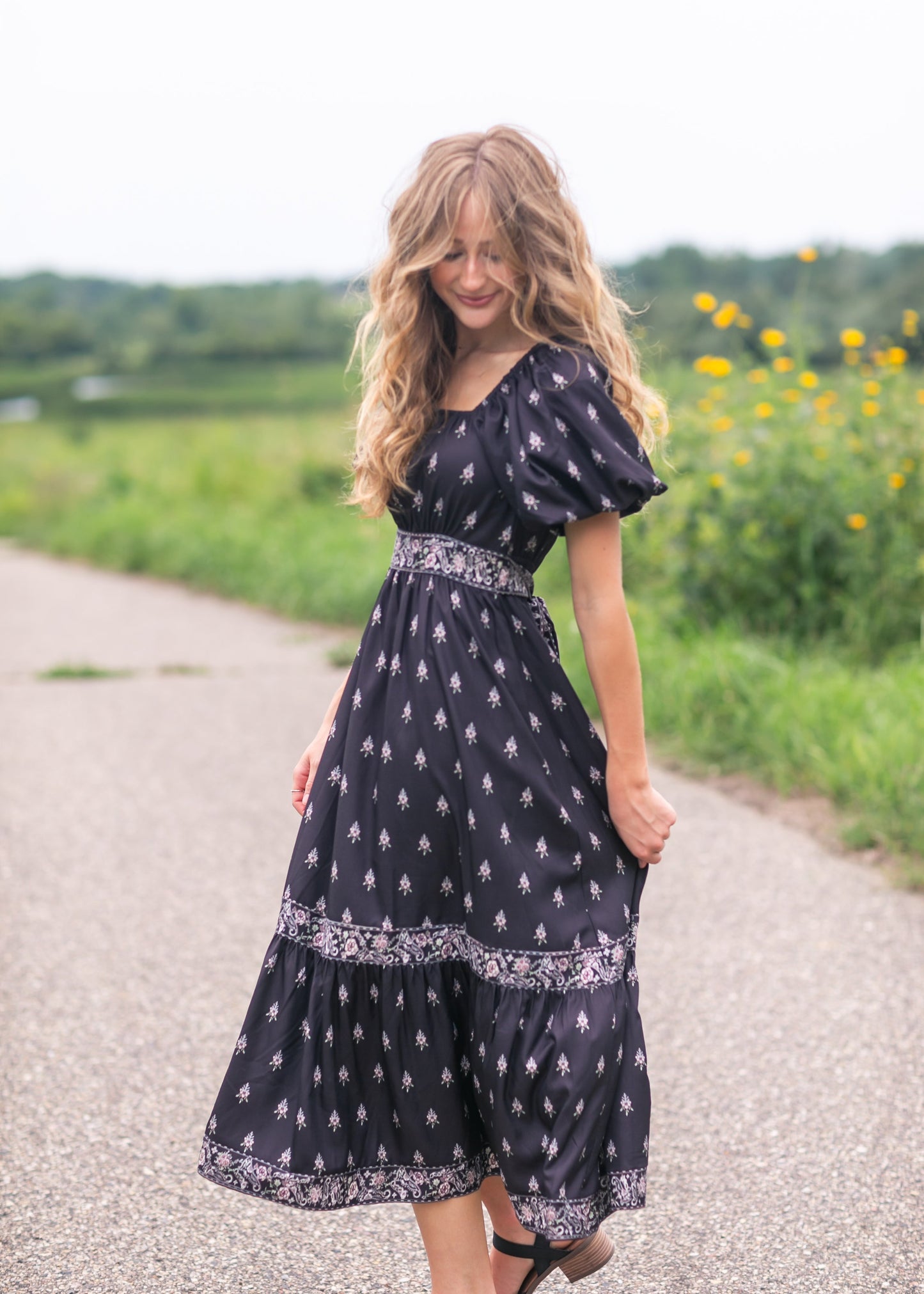Printed Bubble Sleeve Midi Dress - FINAL SALE