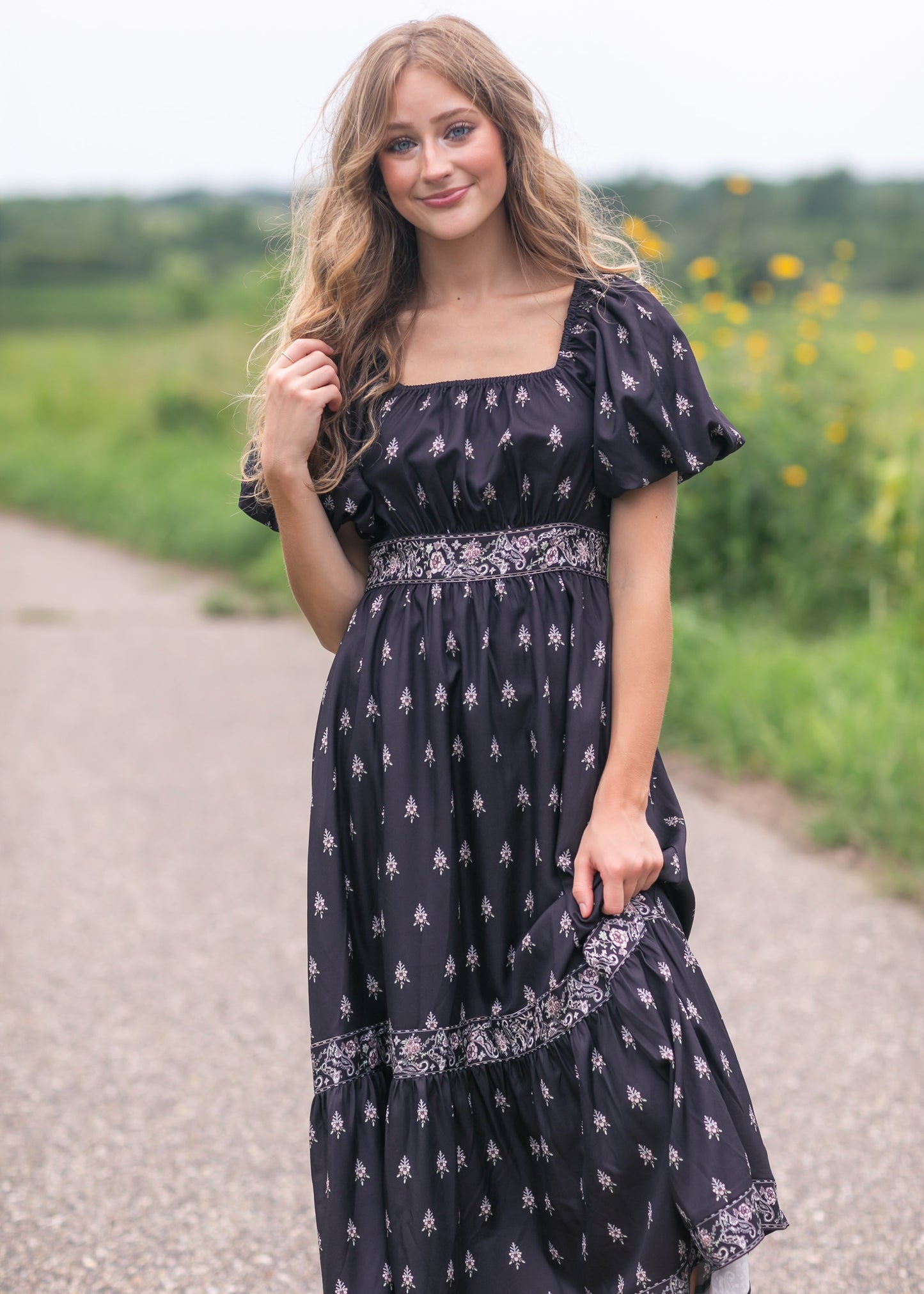 Printed Bubble Sleeve Midi Dress - FINAL SALE