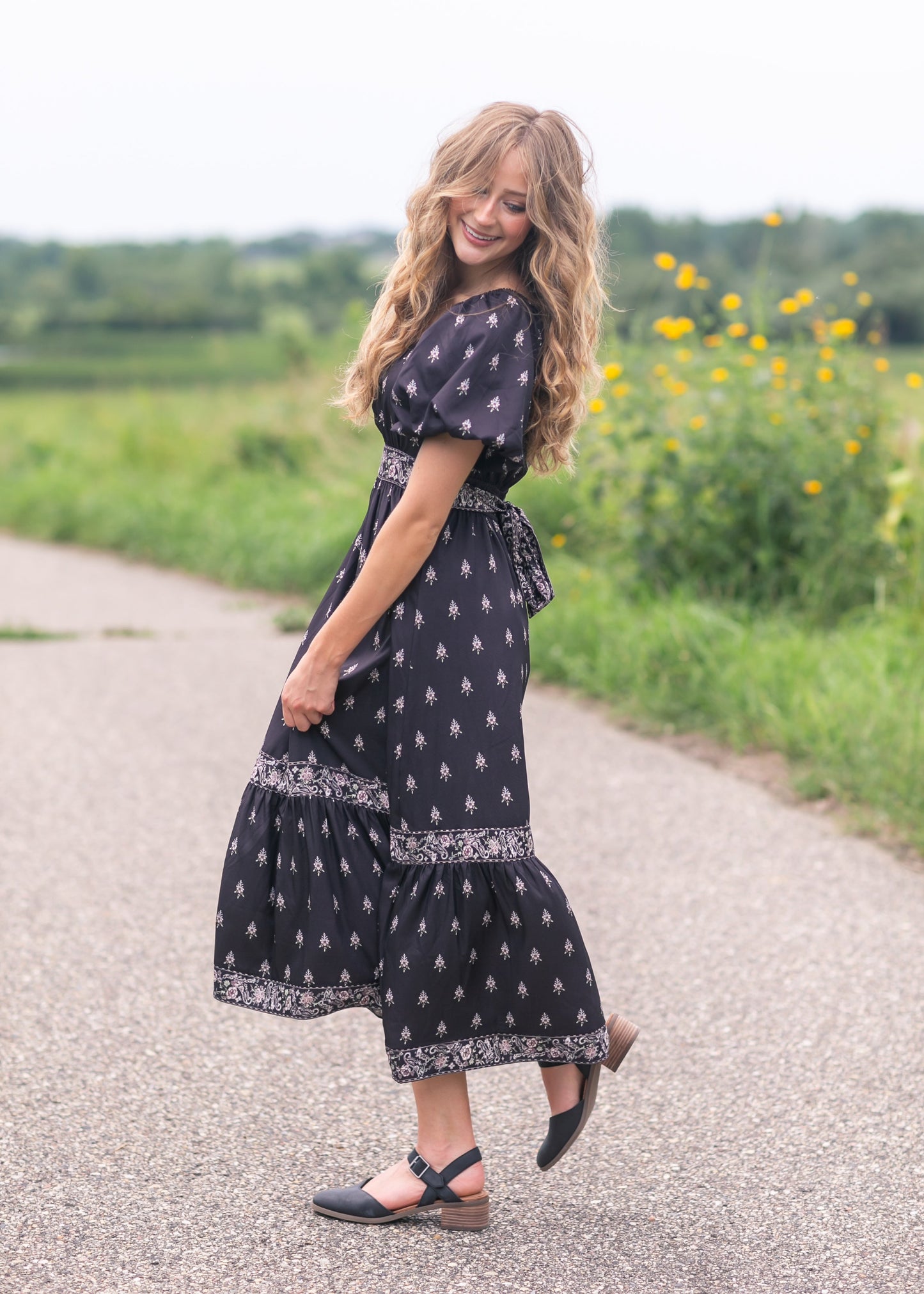 Printed Bubble Sleeve Midi Dress - FINAL SALE