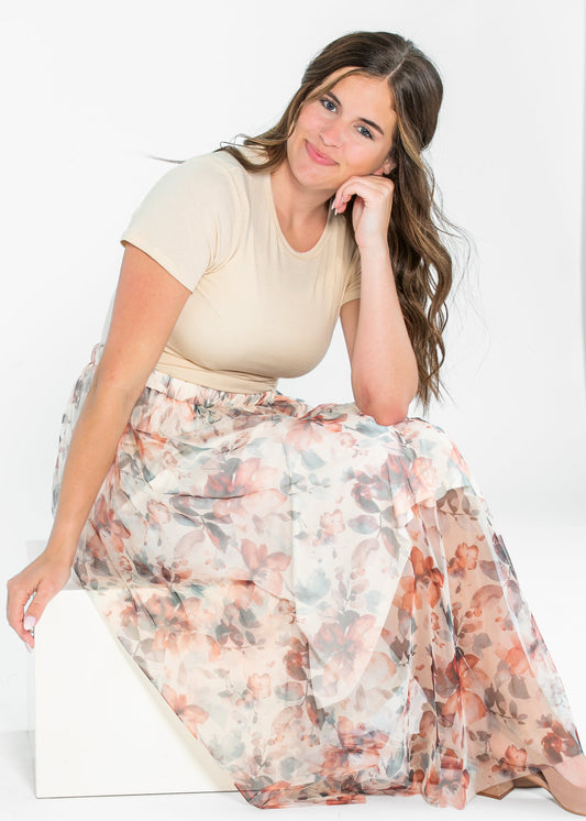 Printed Floral Mesh Midi Skirt - FINAL SALE