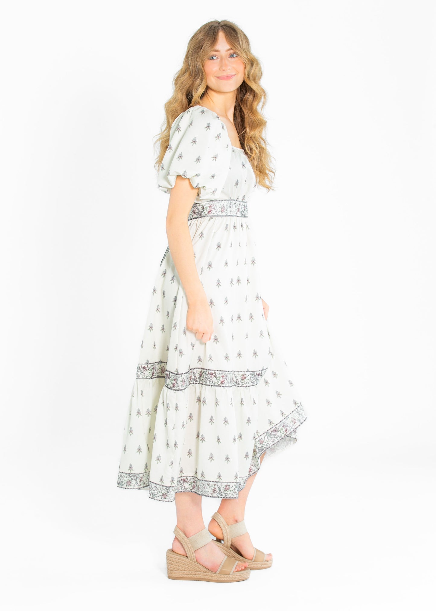 Printed Pattern Bubble Sleeve Midi Dress - FINAL SALE