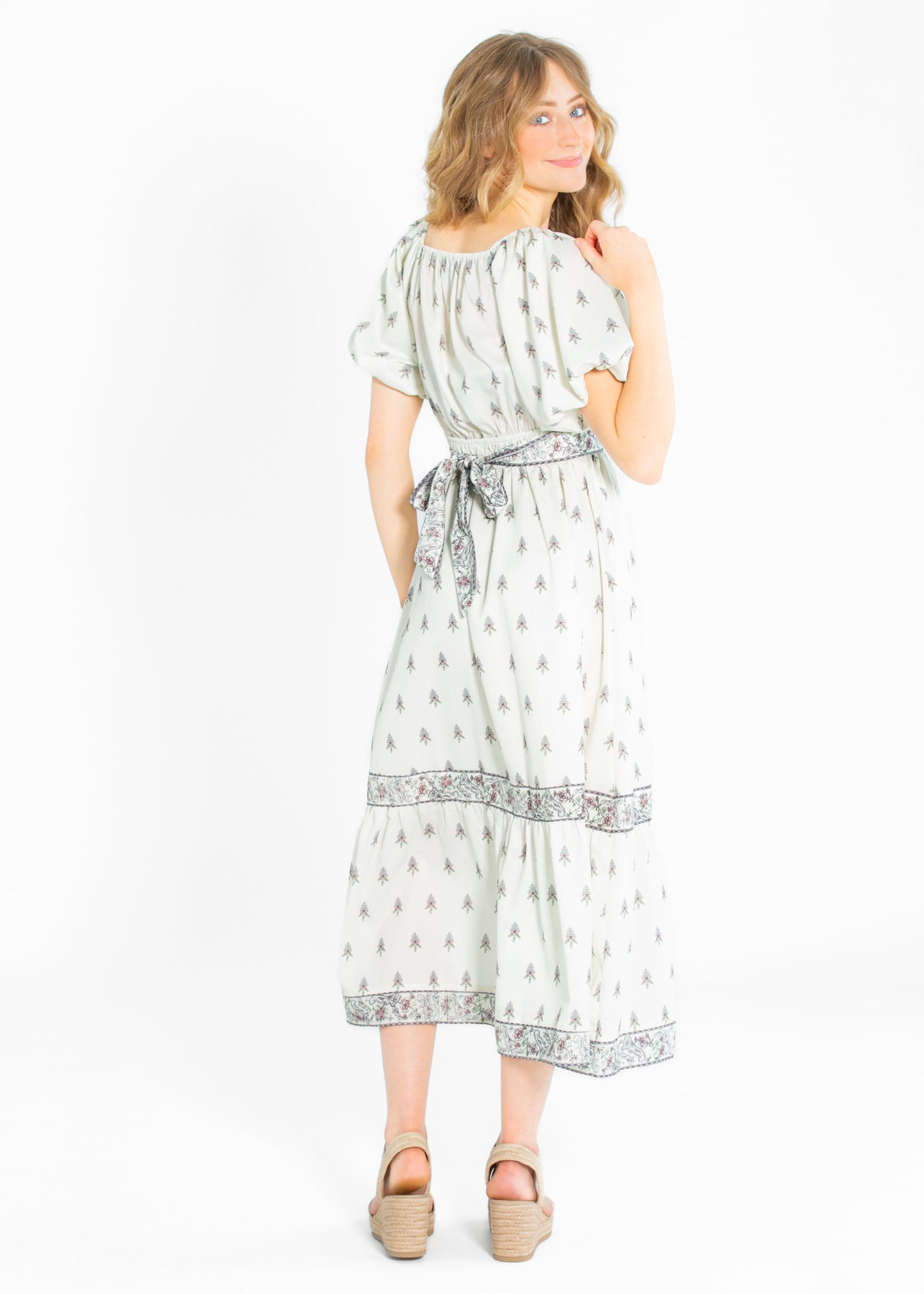 Printed Pattern Bubble Sleeve Midi Dress - FINAL SALE