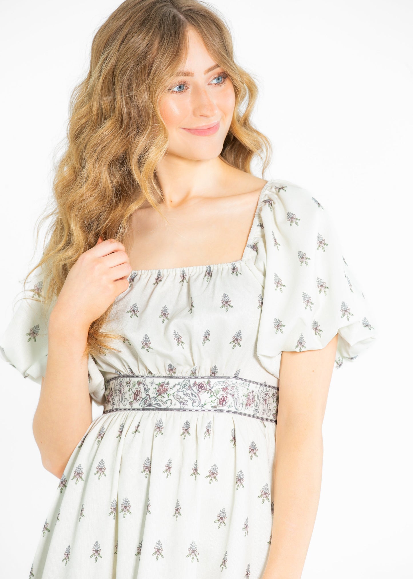 Printed Pattern Bubble Sleeve Midi Dress - FINAL SALE