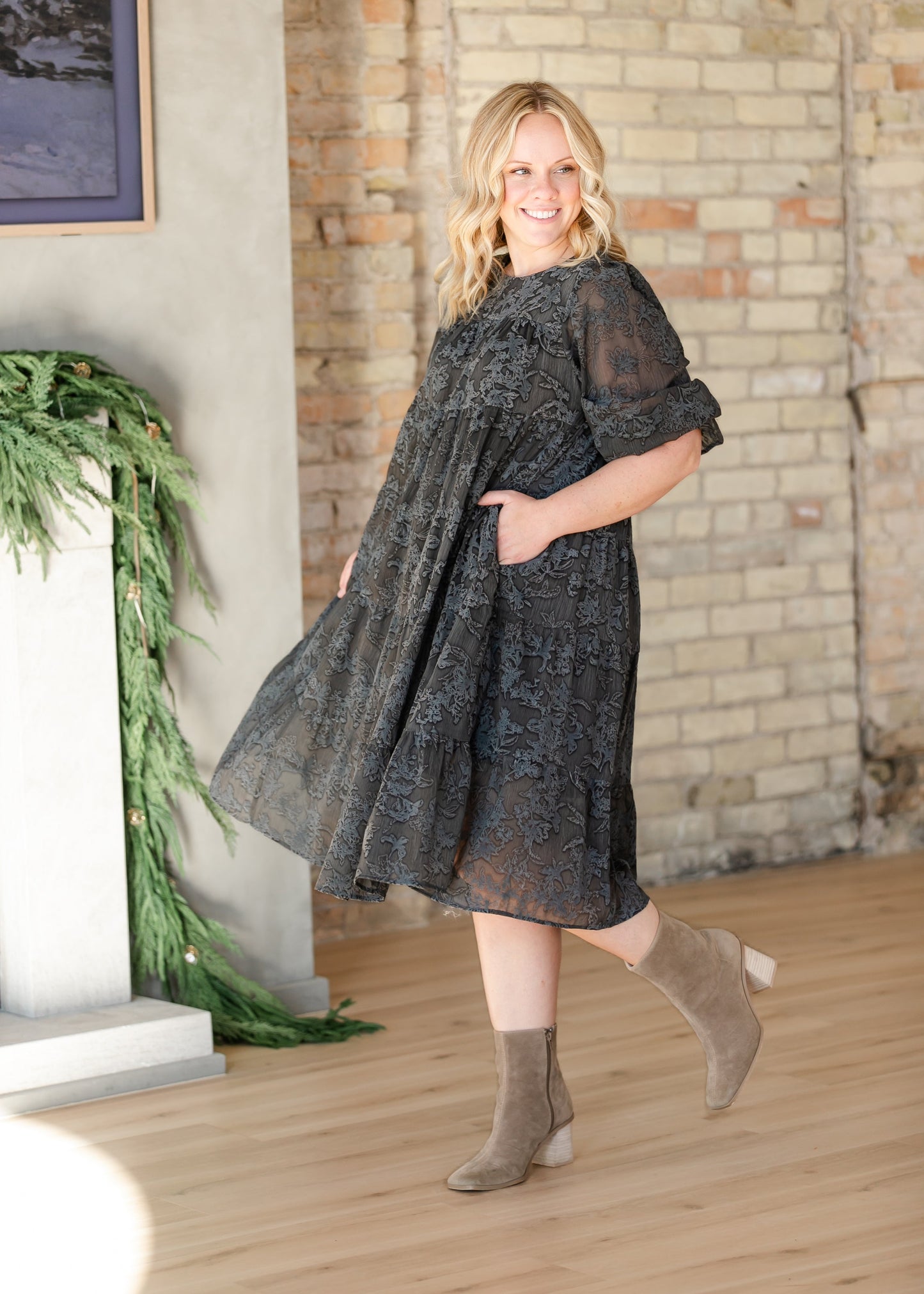 Printed Velvet Textured Floral Tiered Dress - FINAL SALE