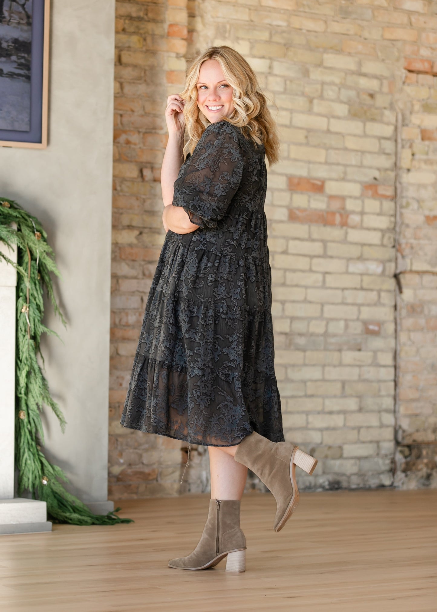 Printed Velvet Textured Floral Tiered Dress - FINAL SALE