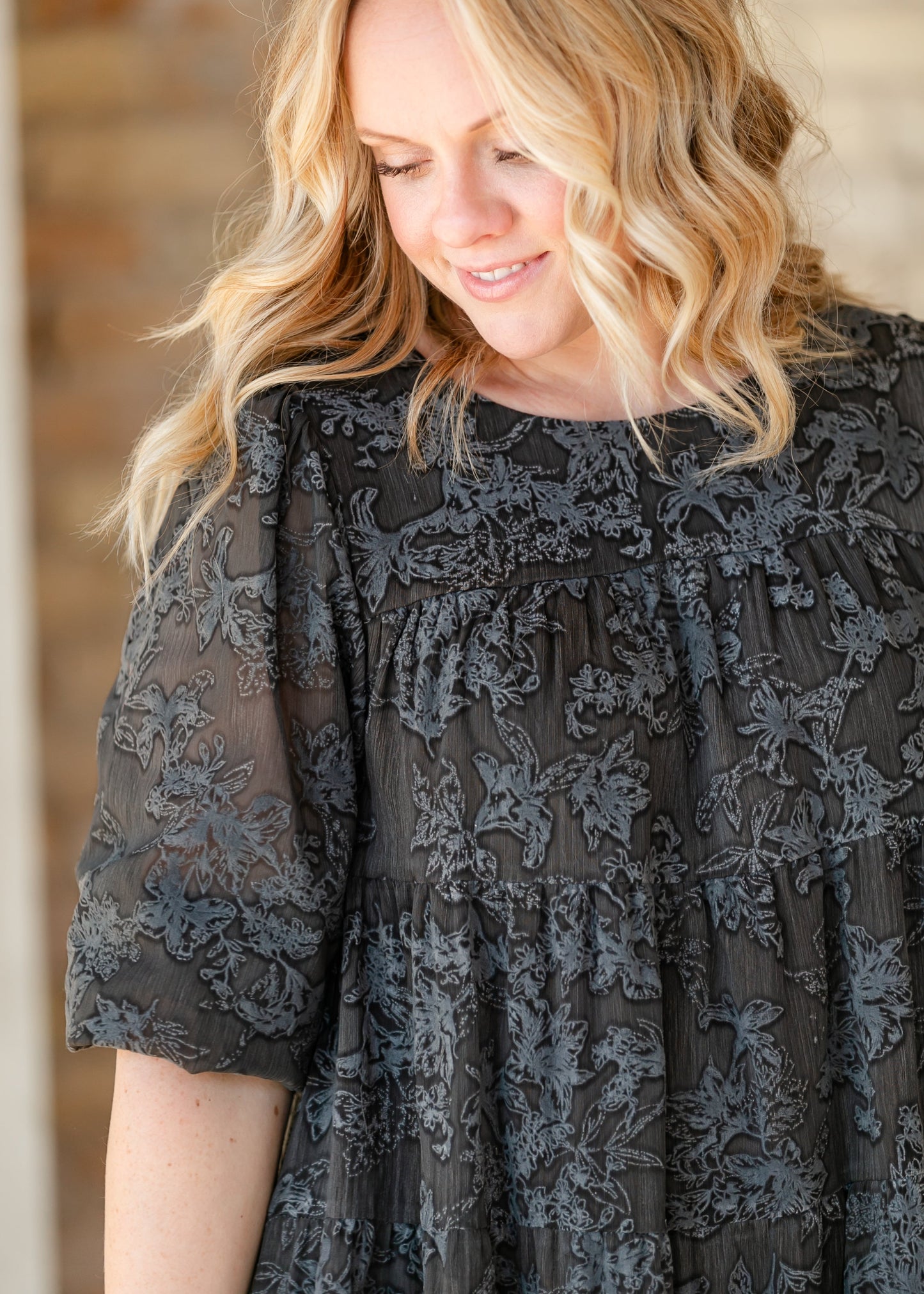 Printed Velvet Textured Floral Tiered Dress - FINAL SALE