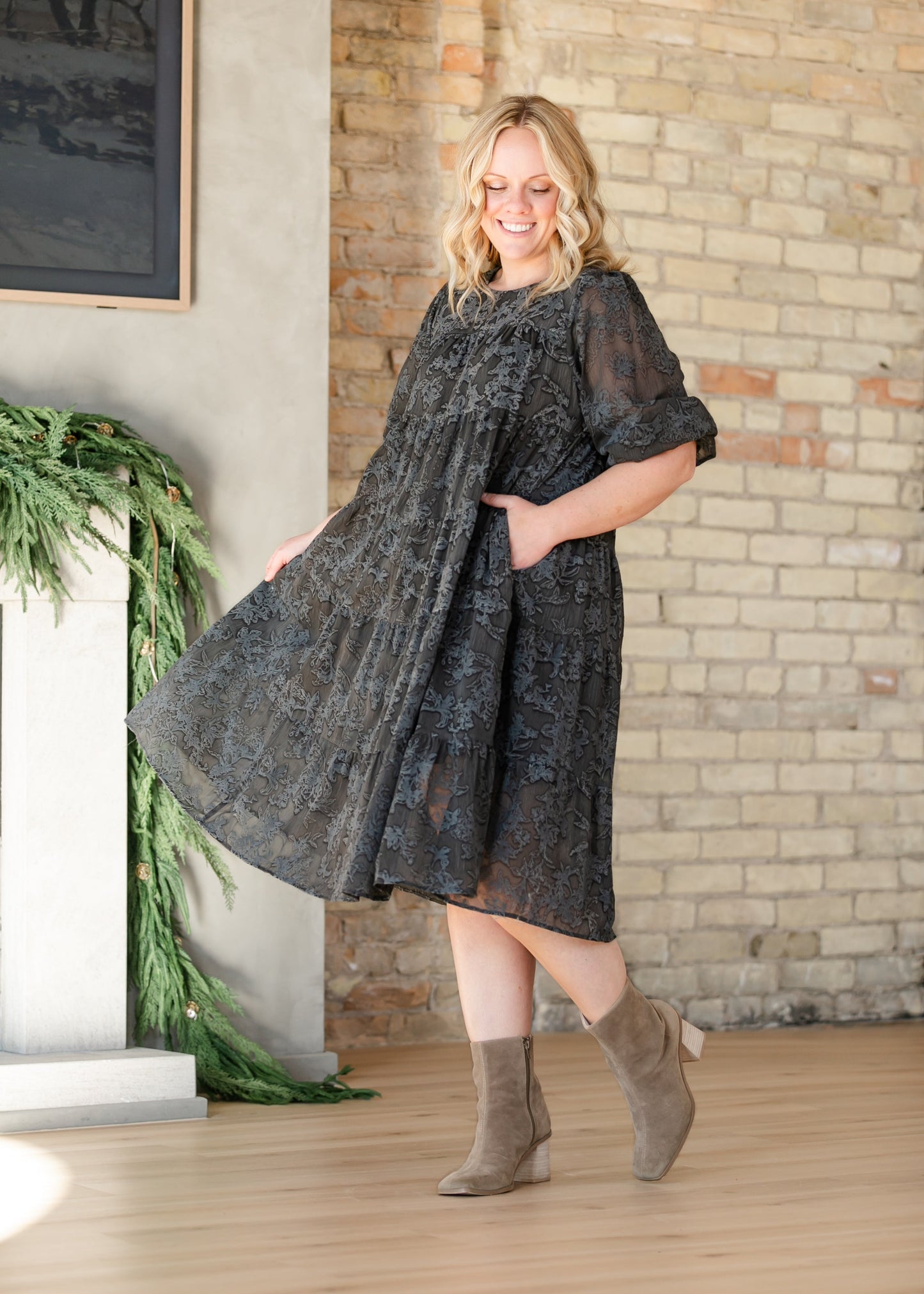 Printed Velvet Textured Floral Tiered Dress - FINAL SALE
