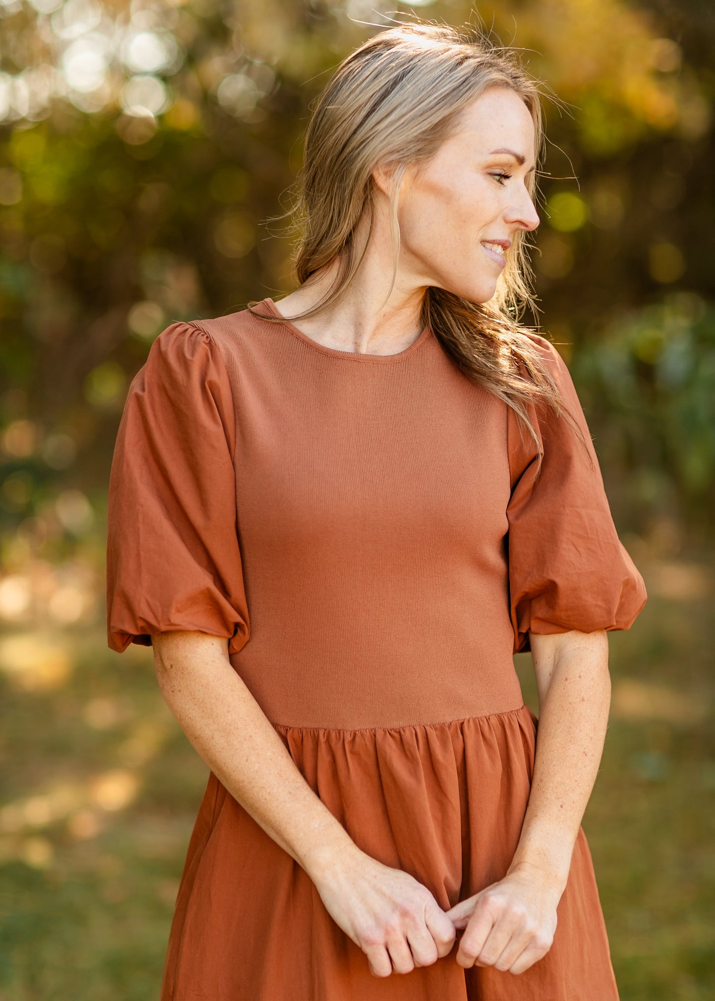 Puff Sleeve Cotton Knit Bodice Midi Dress - FINAL SALE