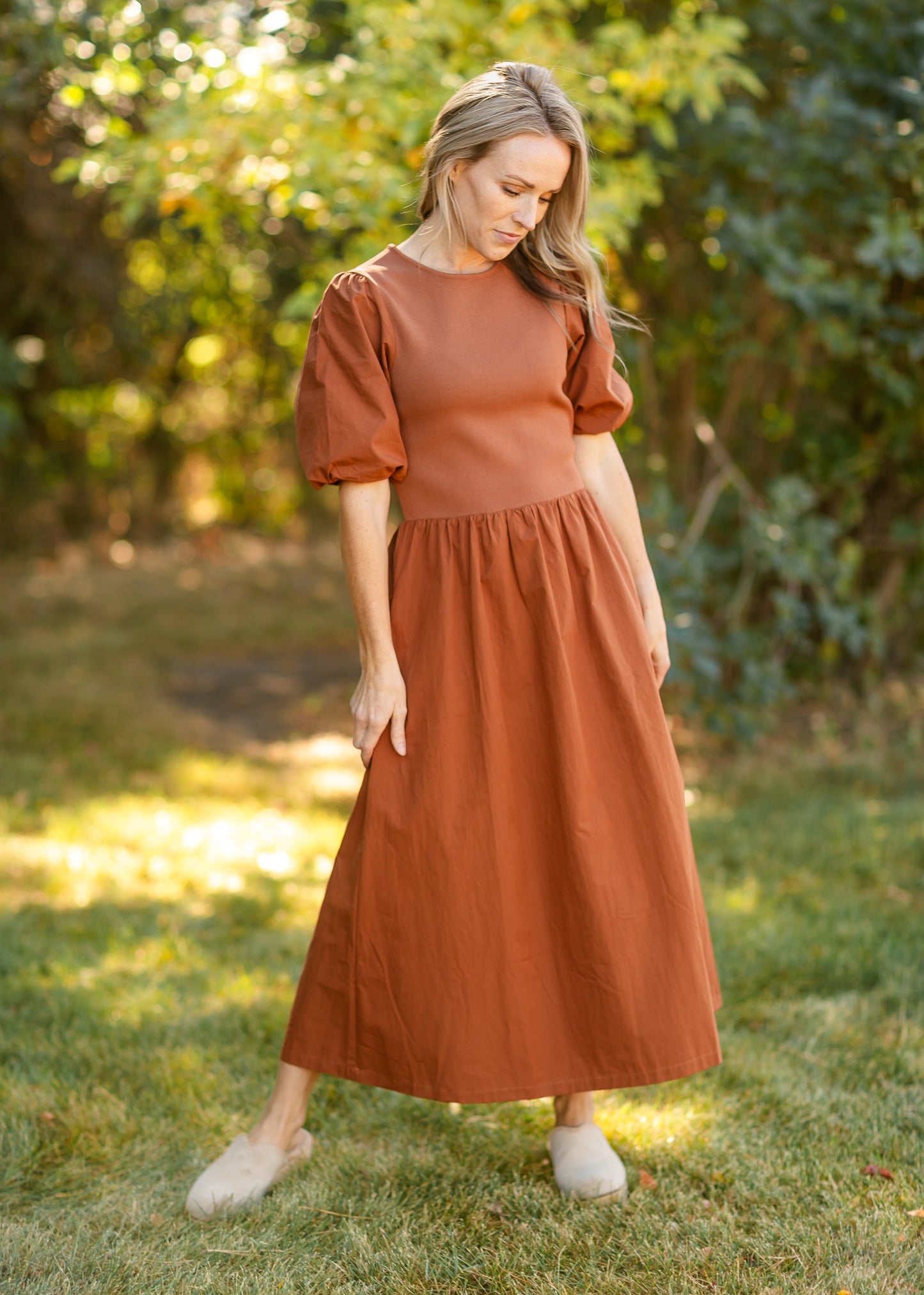 Puff Sleeve Cotton Knit Bodice Midi Dress - FINAL SALE