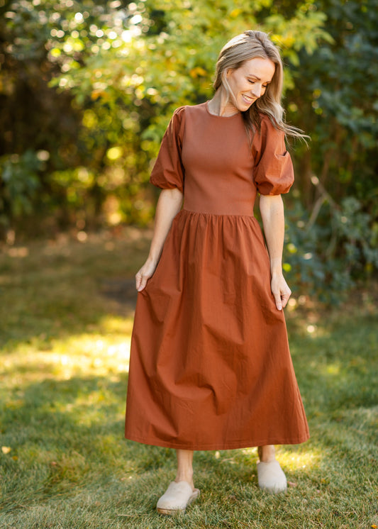 Puff Sleeve Cotton Knit Bodice Midi Dress - FINAL SALE