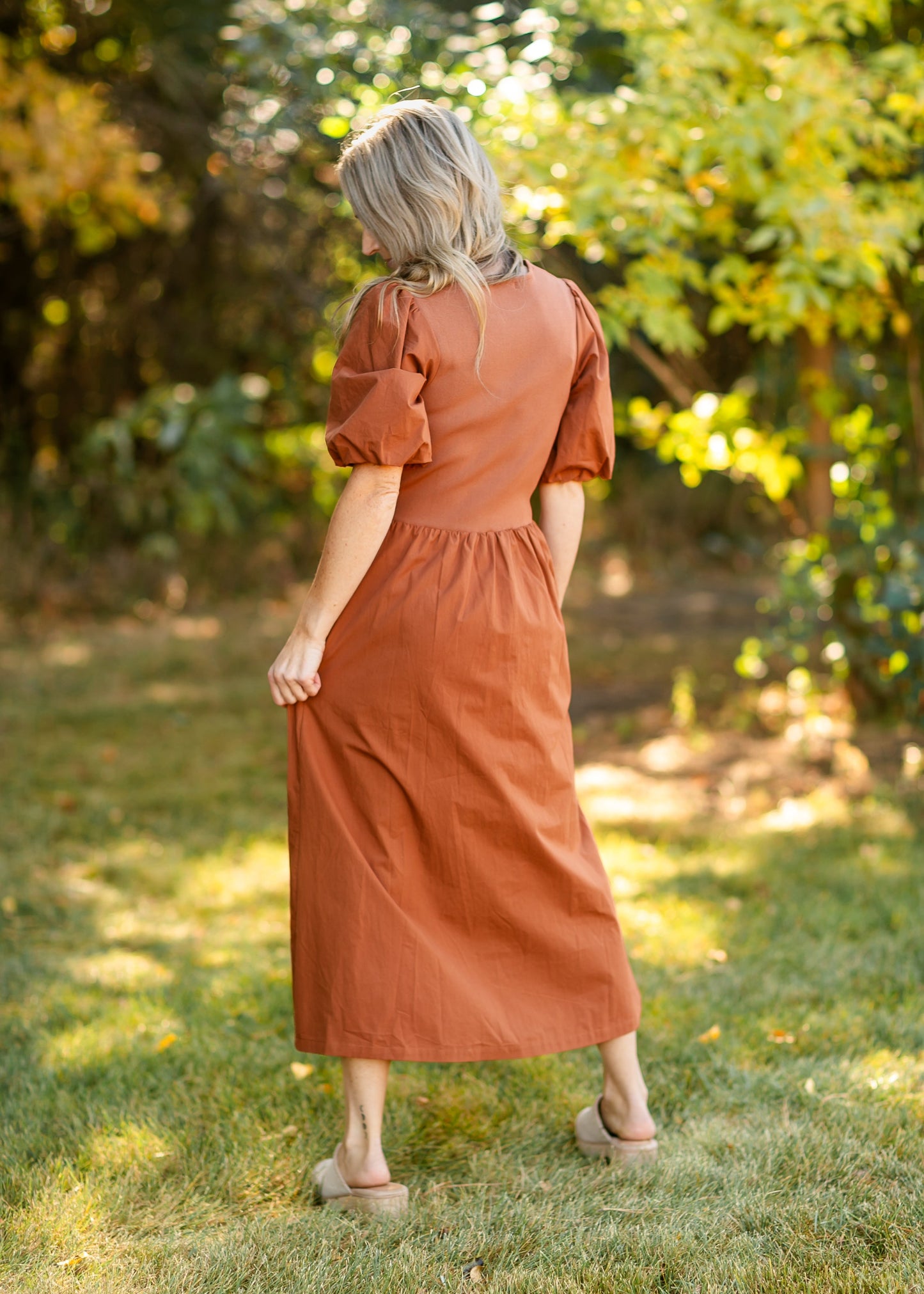 Puff Sleeve Cotton Knit Bodice Midi Dress - FINAL SALE