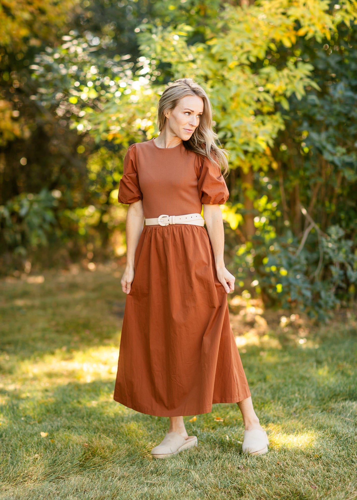 Puff Sleeve Cotton Knit Bodice Midi Dress - FINAL SALE