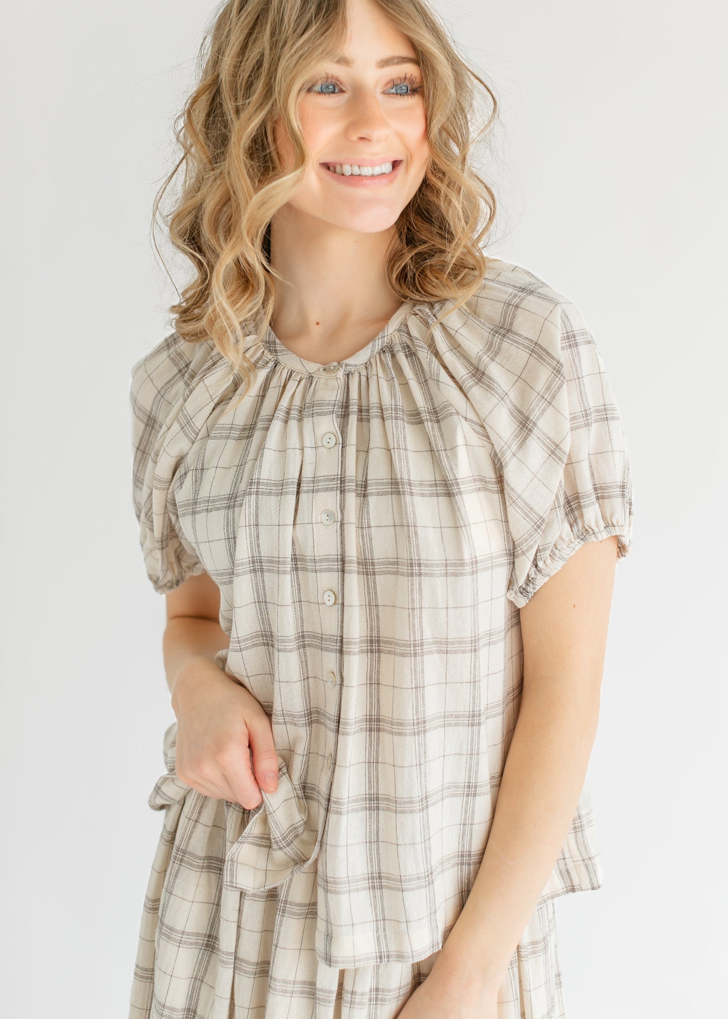 Puff Sleeve Plaid Button Up Top - FINAL SALE